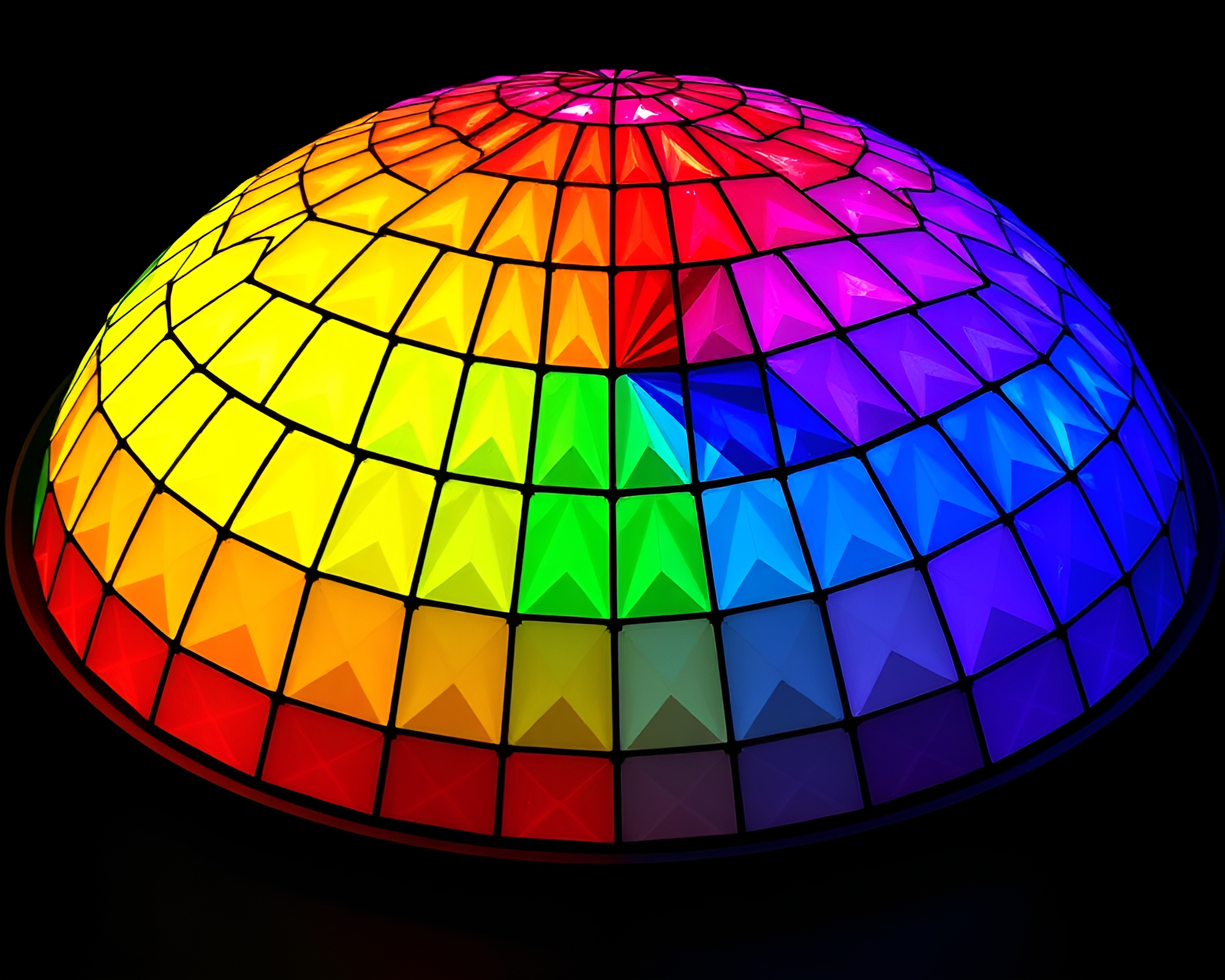 LED Pixel Grid Illuminates Stained Glass Dome Wireframe – free AI stock image