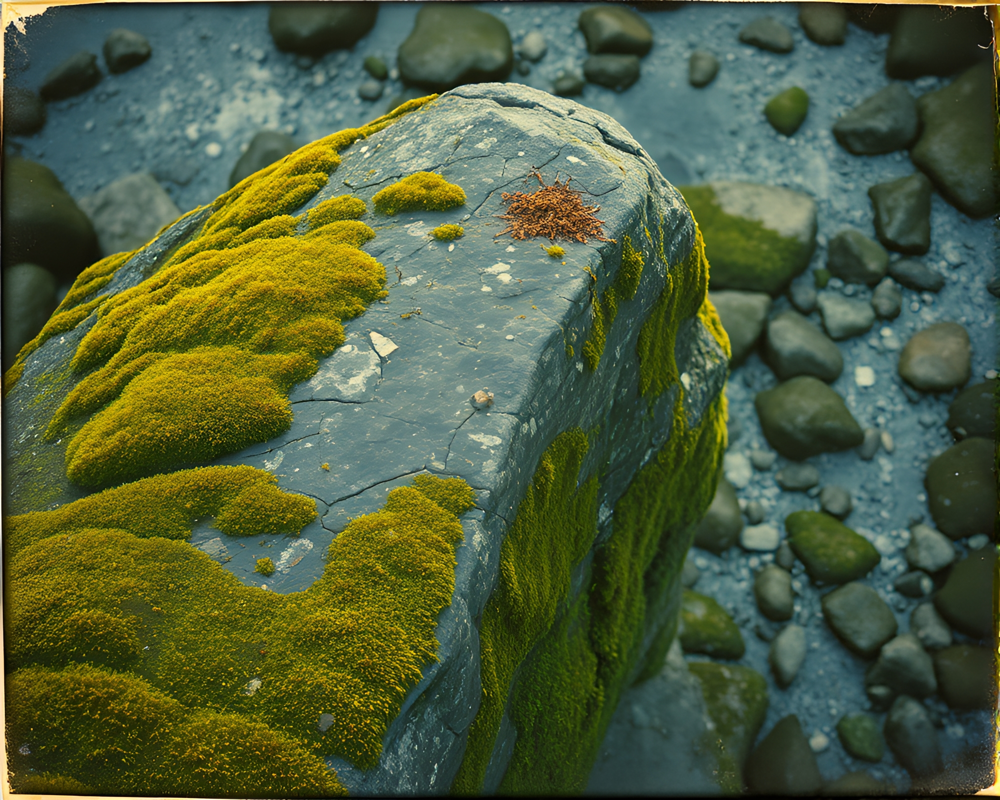 Moss-Covered Rock from Above in Vintage Action Painting – free AI stock image