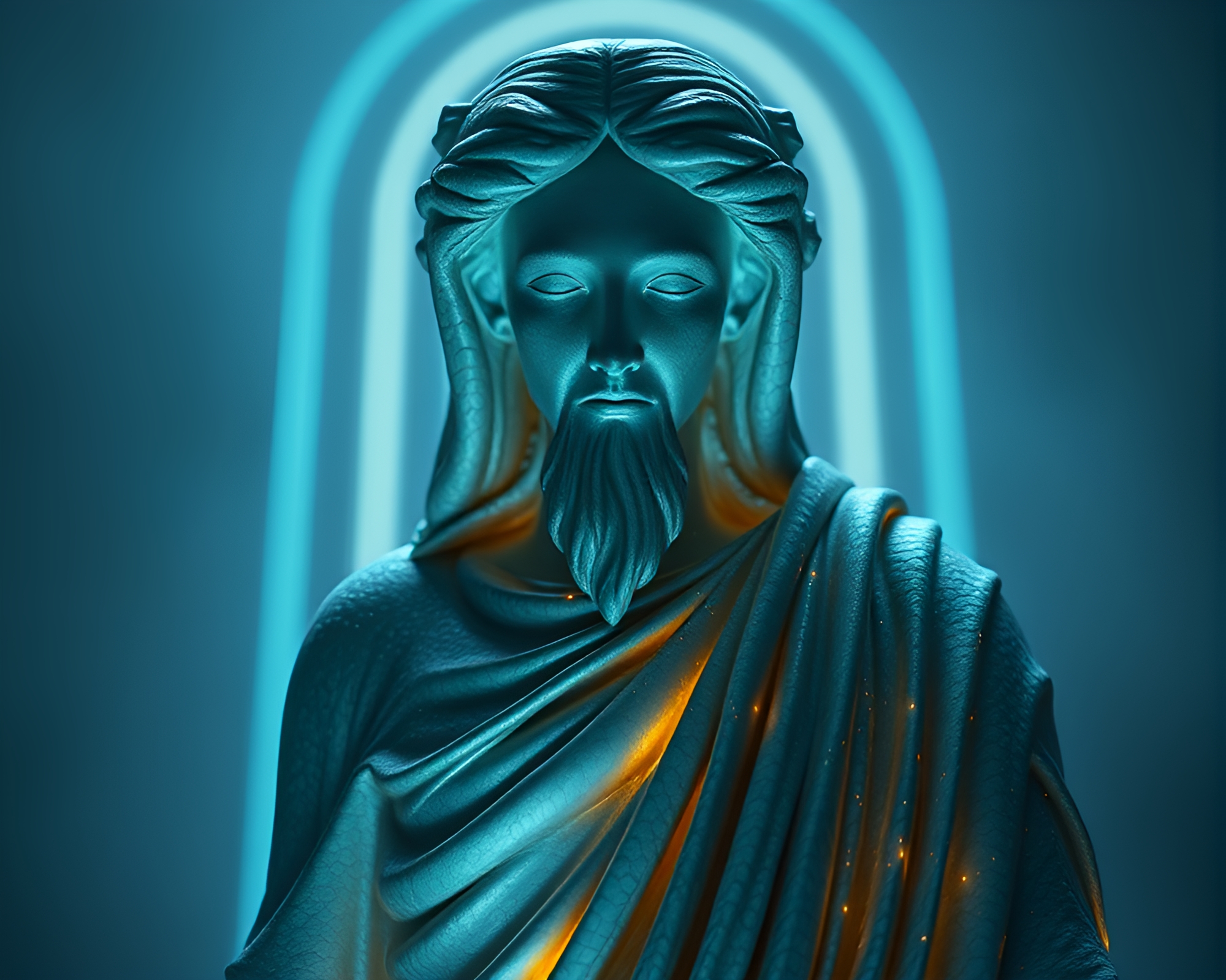 Bioluminescent statue in off-center CGI composition – free AI stock image