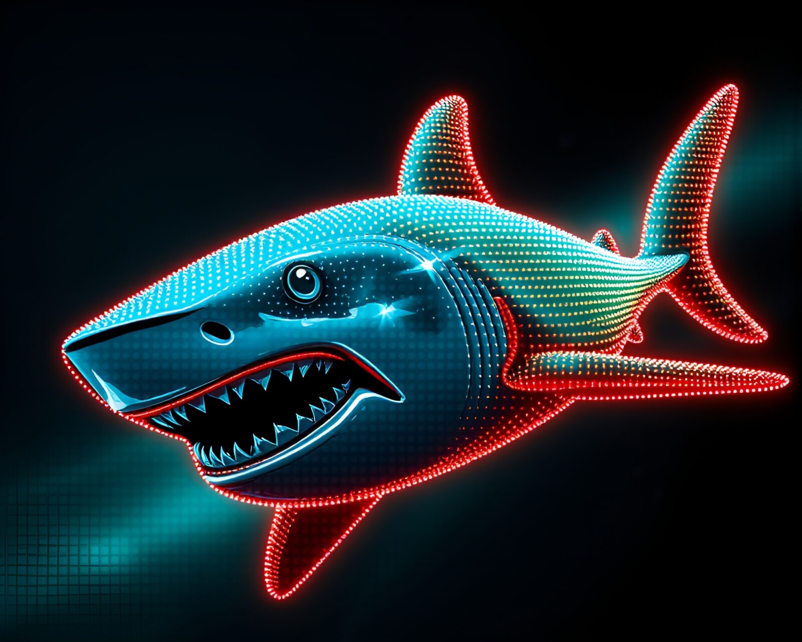 Glossy shark with LED pixel grid in blueprint style