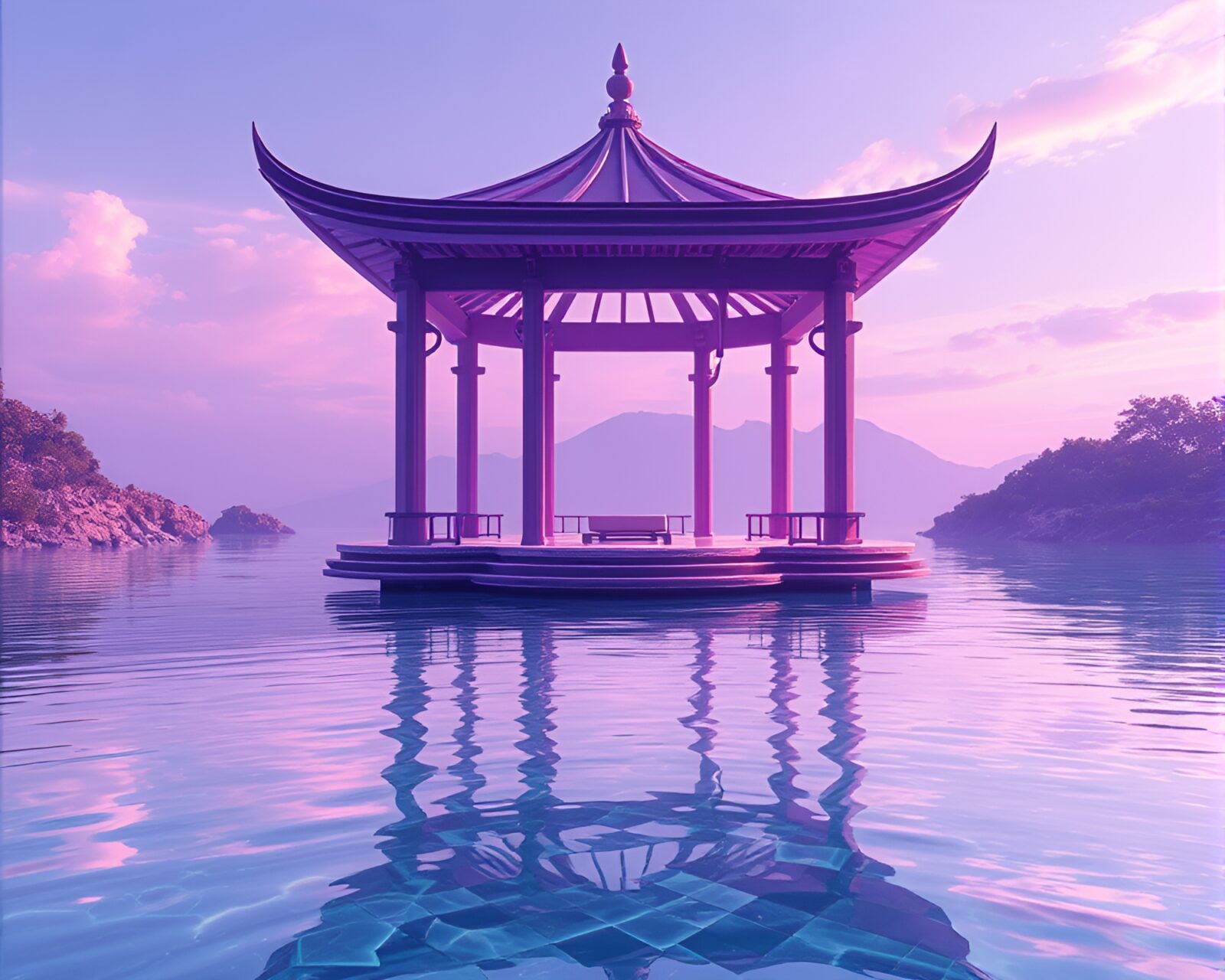 Holographic HUD overlay on floating pavilion with amethyst light