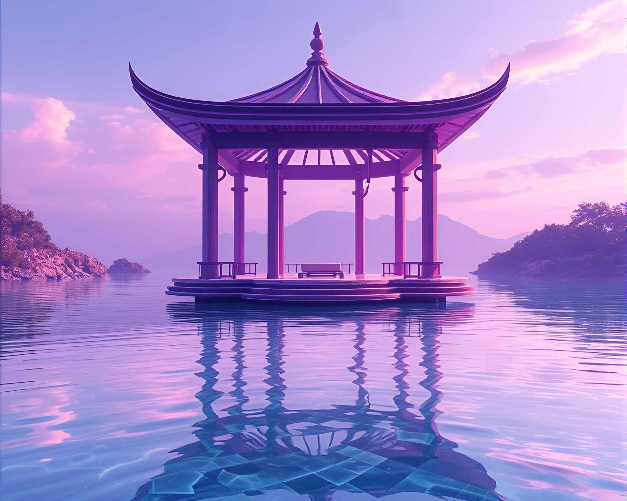 Futuristic Amethyst Floating Pavilion in Water Reflection – free AI stock image