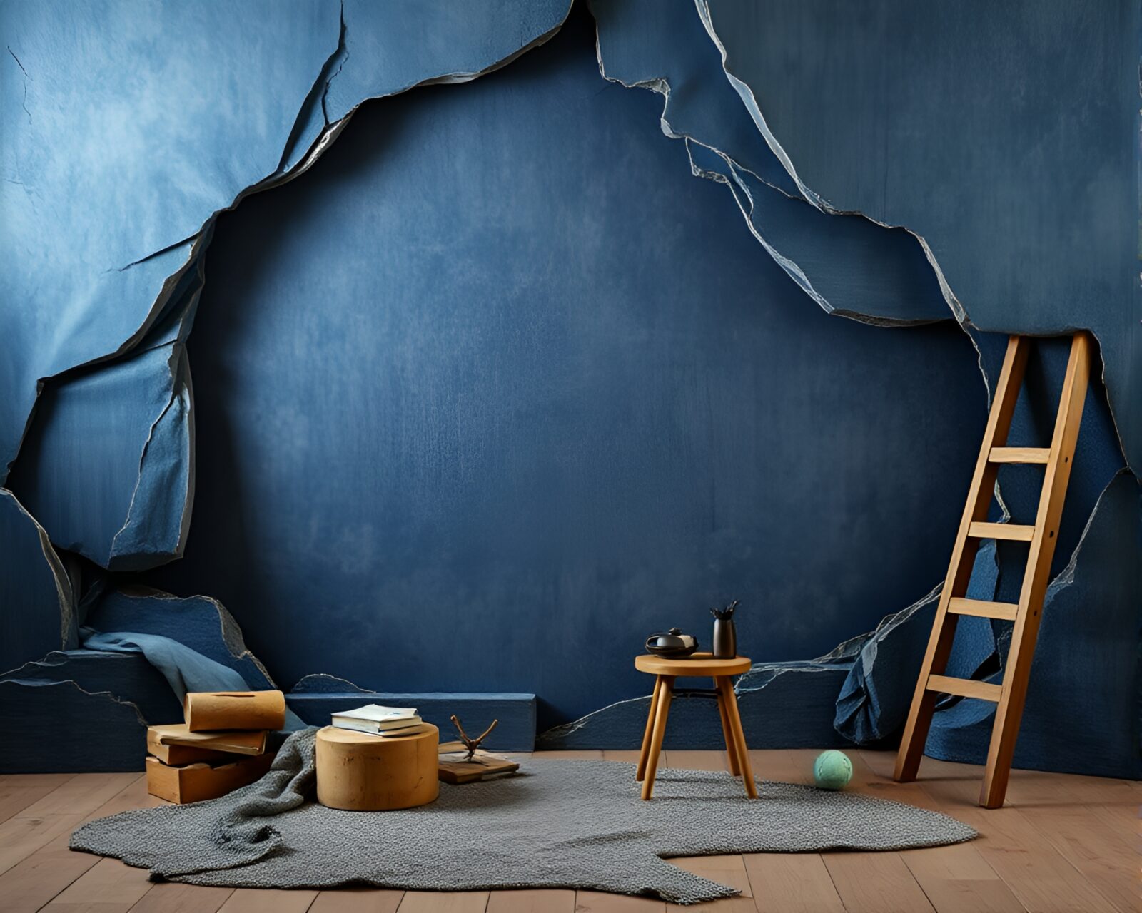 Paper cutout cave painting with faded denim colors