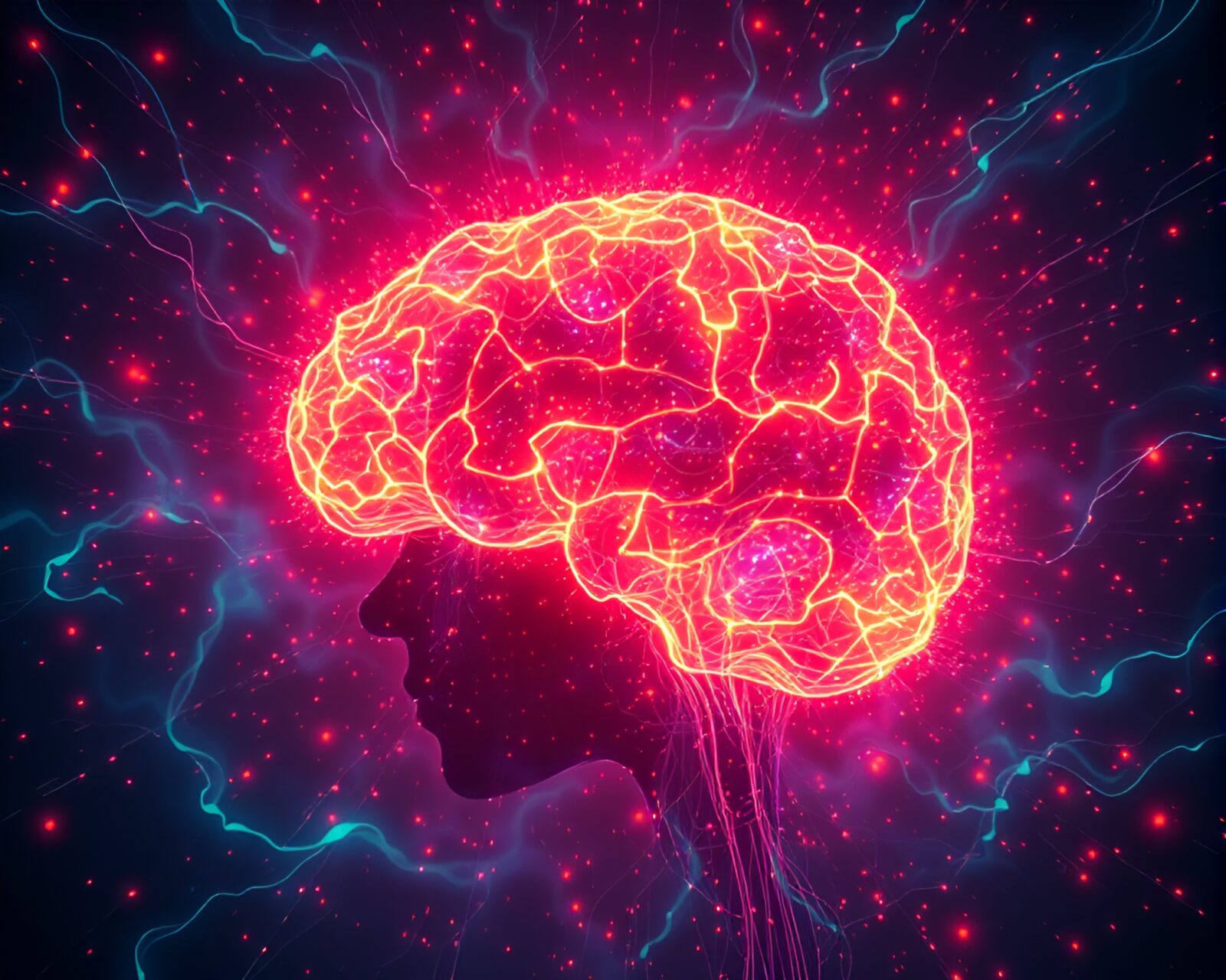 Vibrant chaos of bioluminescent lights in a digital brain palace