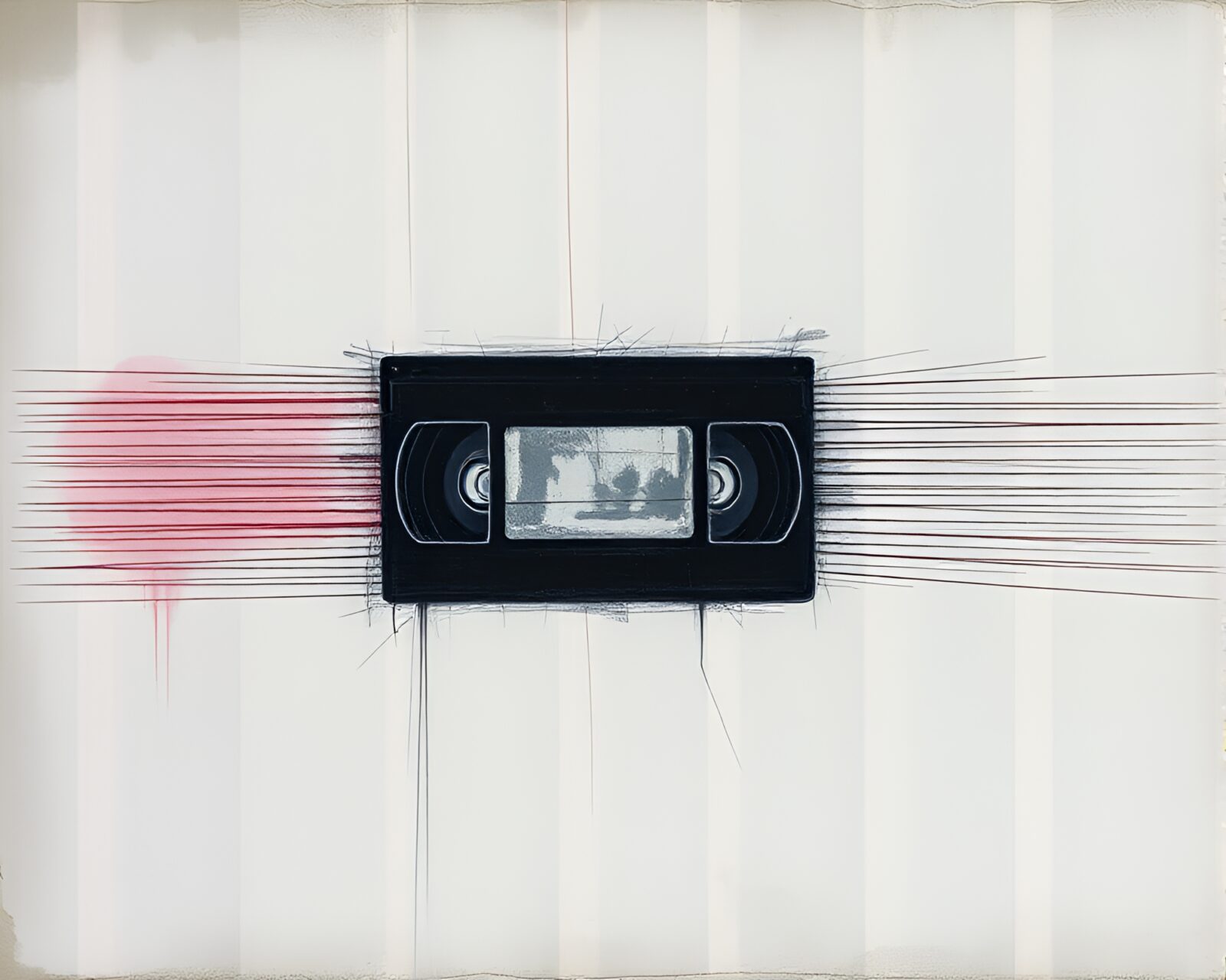 Vivid pastel illustration of satellite with VHS distortion