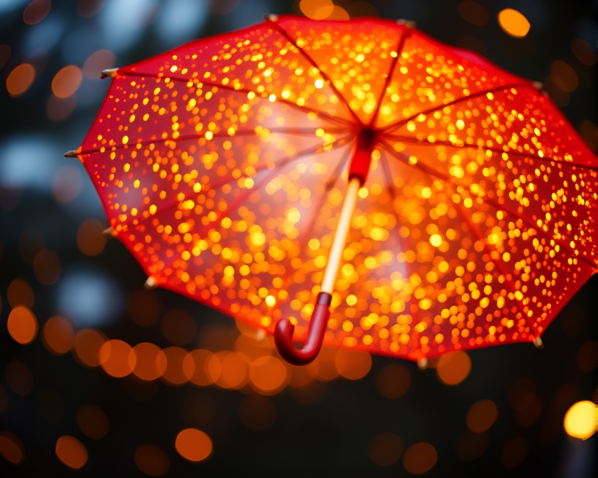 Floating Embers in Umbrella Bokeh Lights Scene – free AI stock image