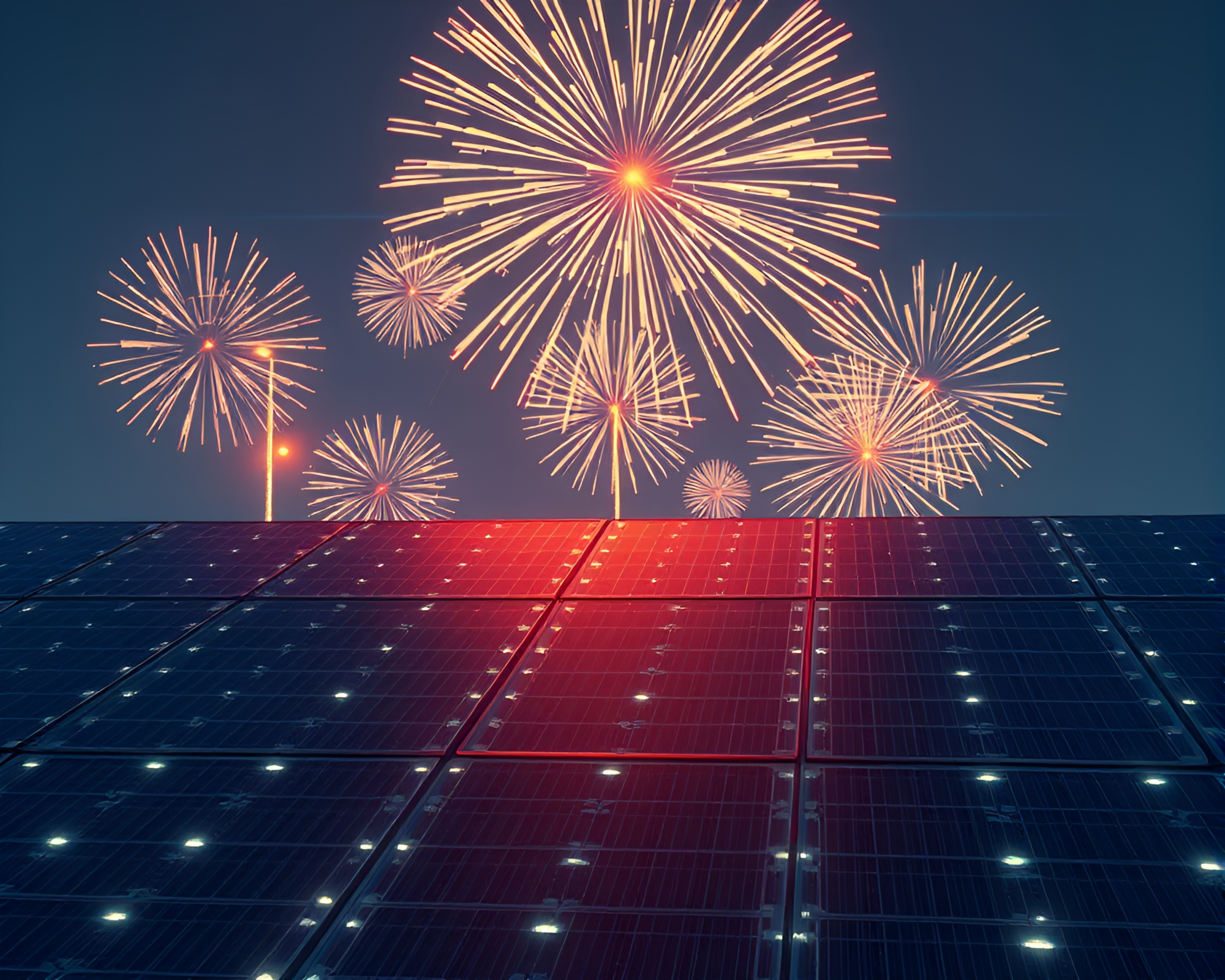 Teal Serenity: Solar Panel Fireworks Display – free AI stock image