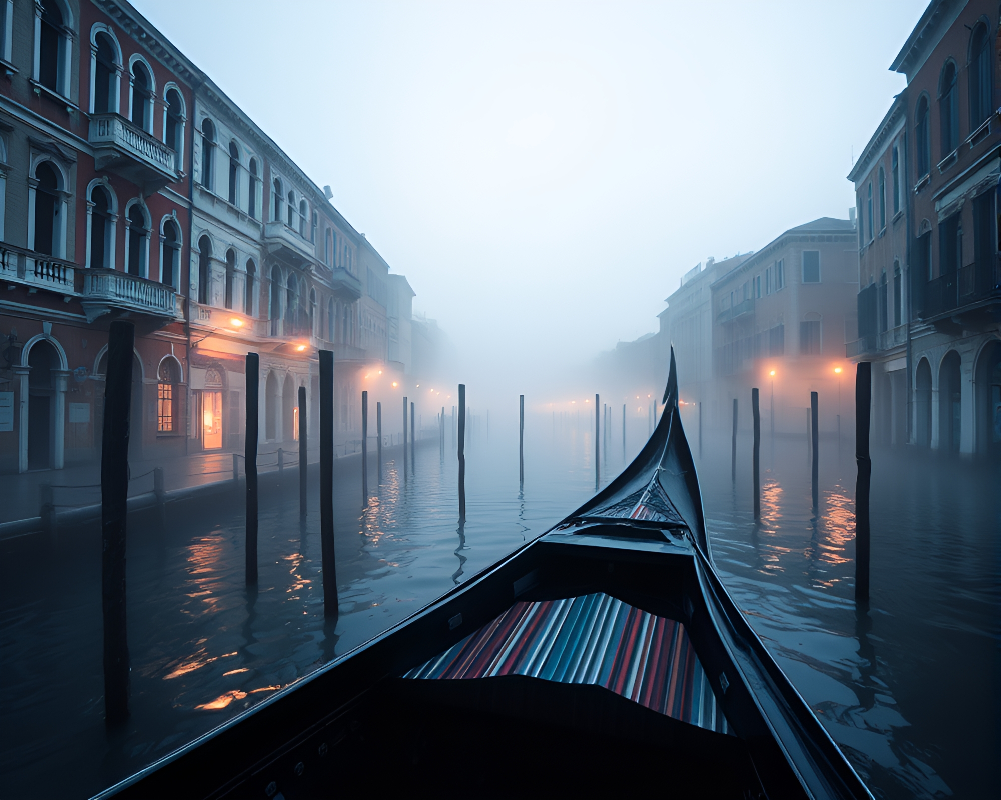 Venetian Gondola in Dawn Mist with Barcode Stripe – free AI stock image