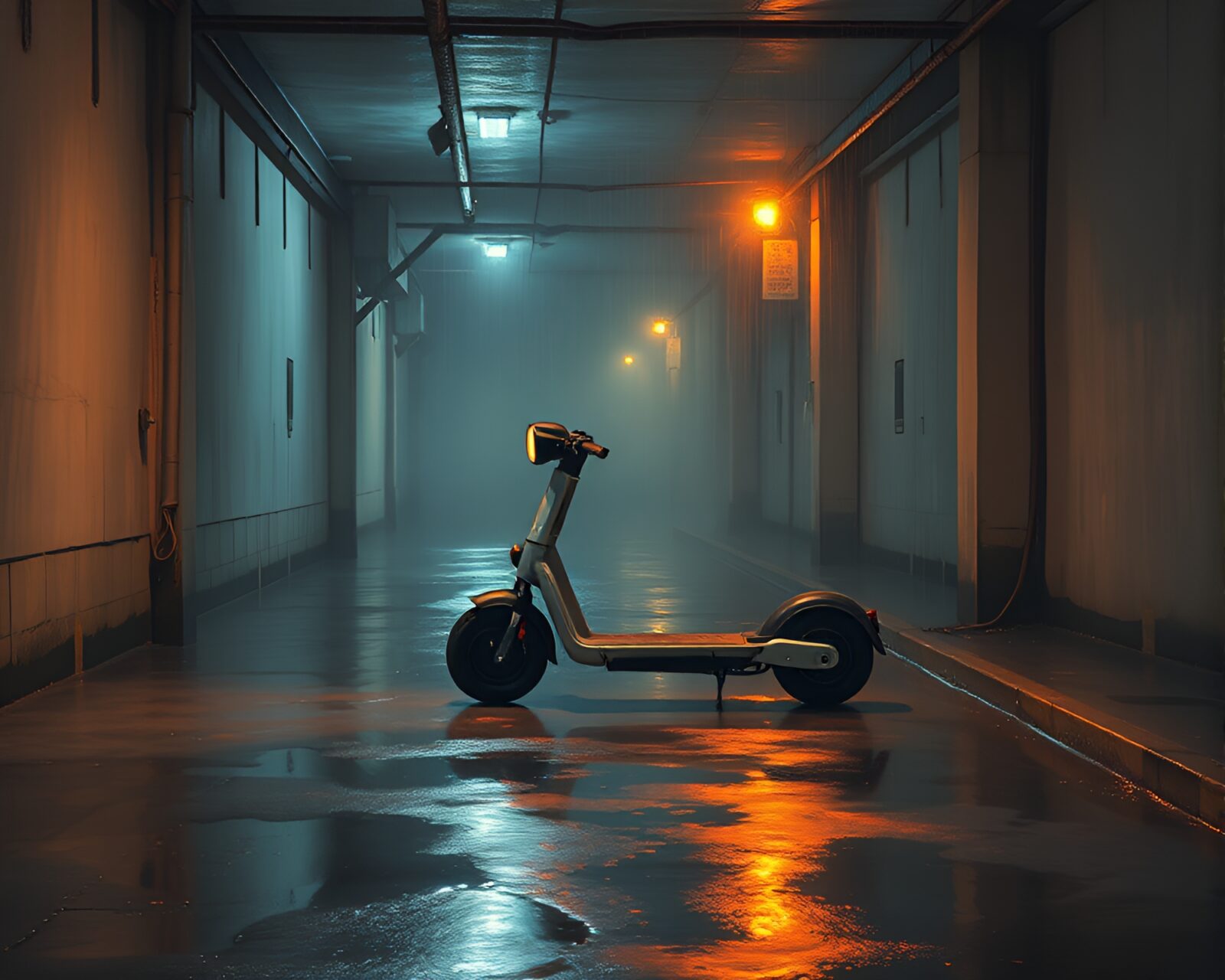Tempera painting of electric scooter under dim basement lights