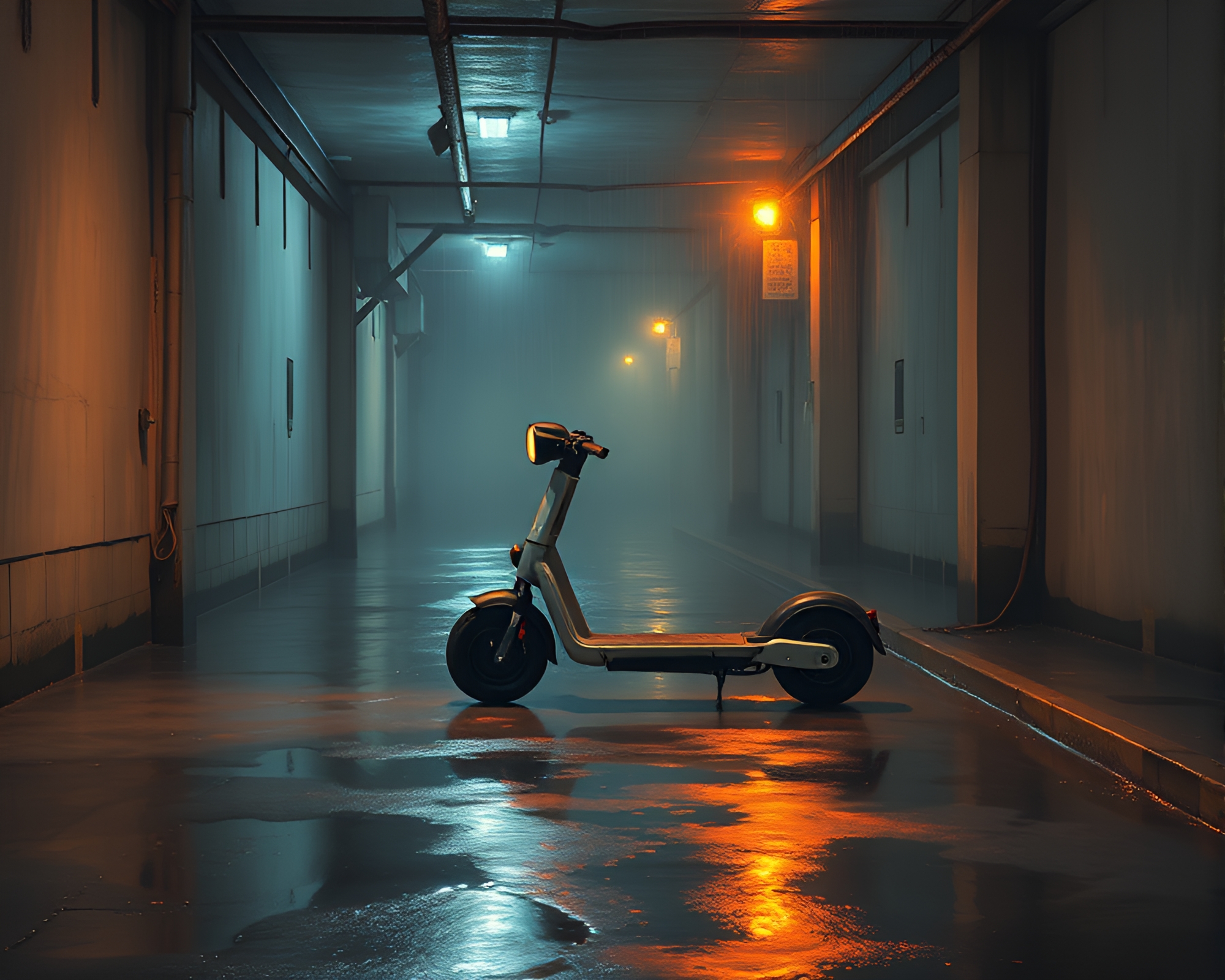 Neon-lit Basement Scene: Electric Scooter on Rainy Pavement – free AI stock image