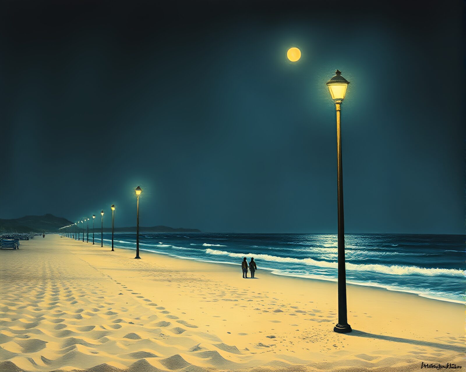 Tightly cropped image of beach at night with glowing streetlamp