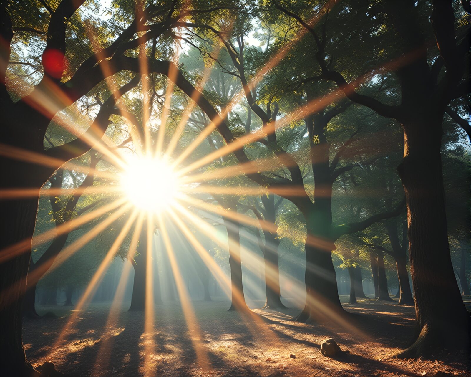 Sun glares creating prism colors in mystical forest etching