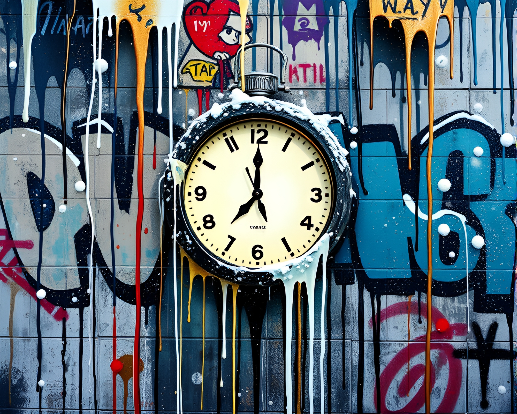 Graffiti Drips meet Chrono Clock in Snow-Kissed Photocollage – free AI stock image