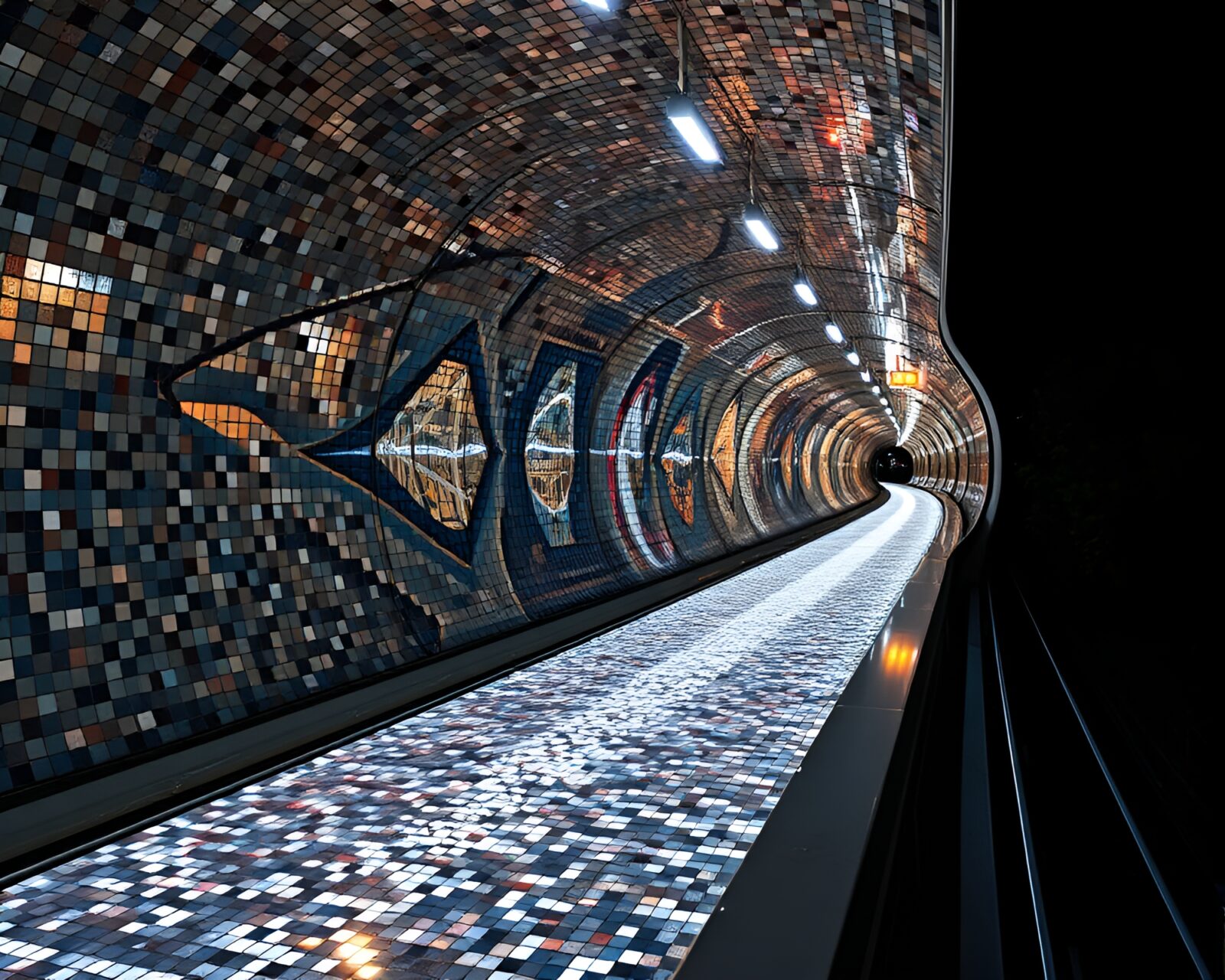 Colorful mosaic tiled walls illuminating monorail track in torchlight