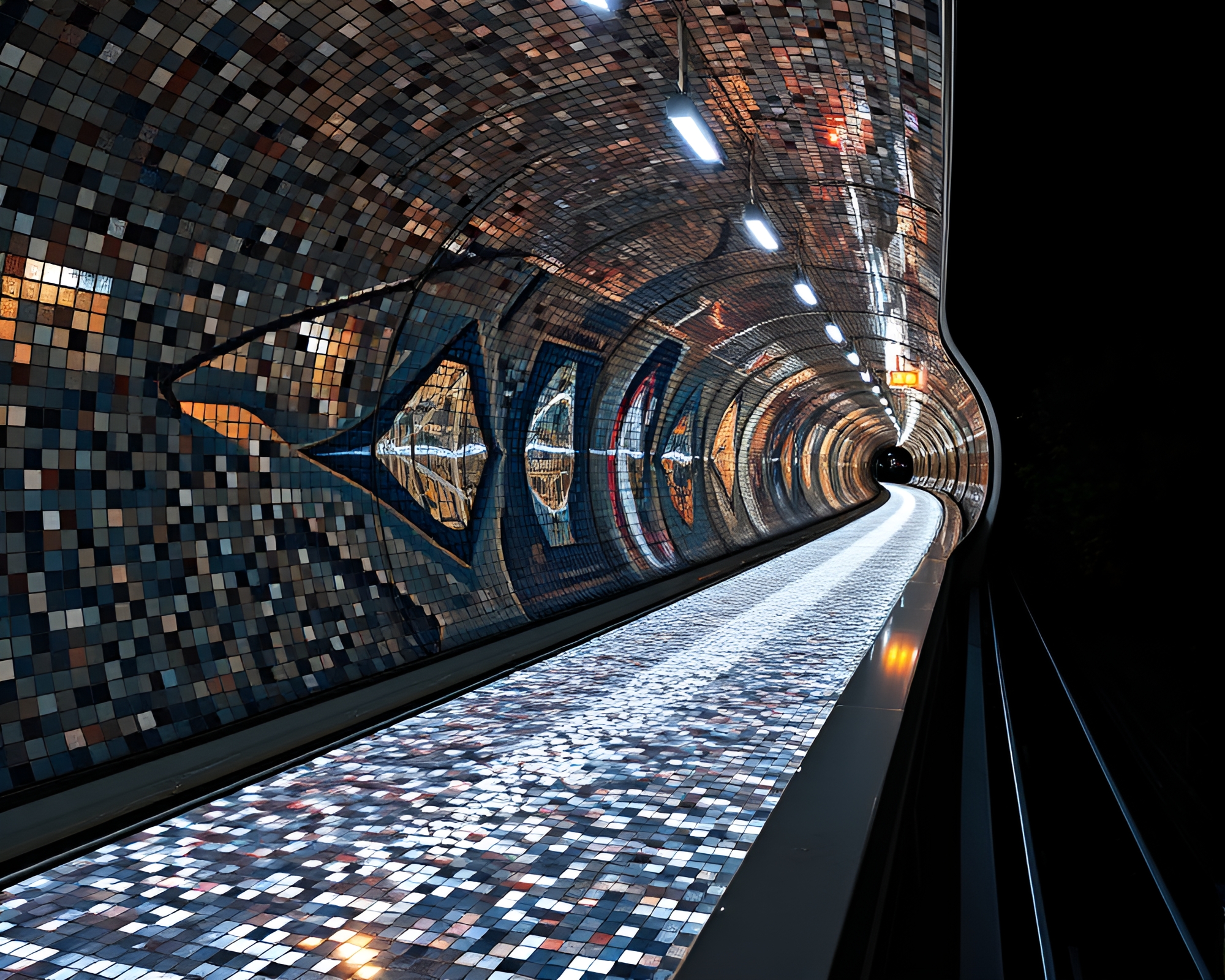 Monorail Journey Through Luminous Mosaic Tunnel – free AI stock image