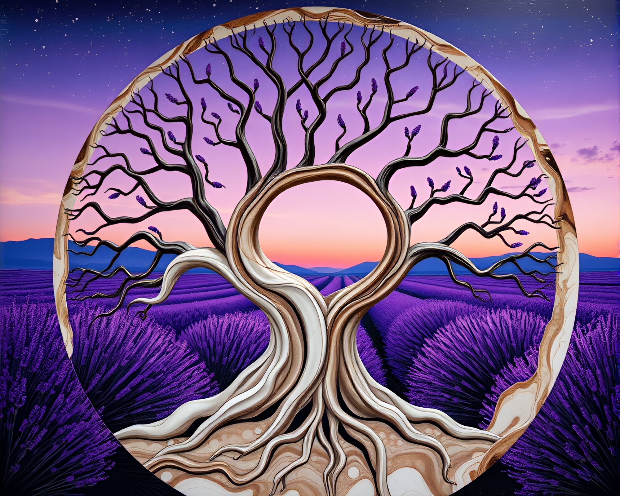Marble tree ring mural at lavender twilight – free AI stock image