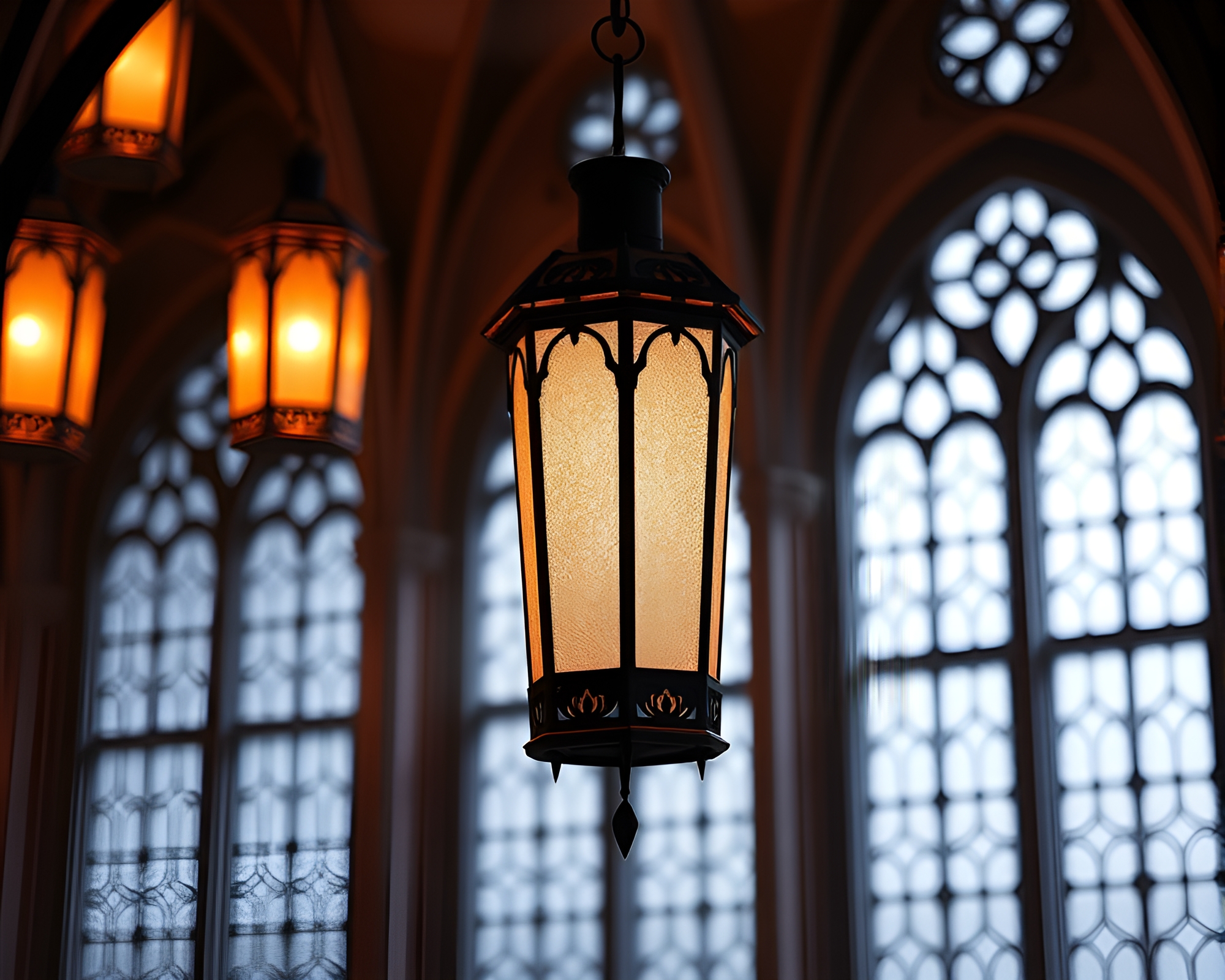Silhouette Paper Lanterns in Wireframe Cathedral Light – free AI stock image