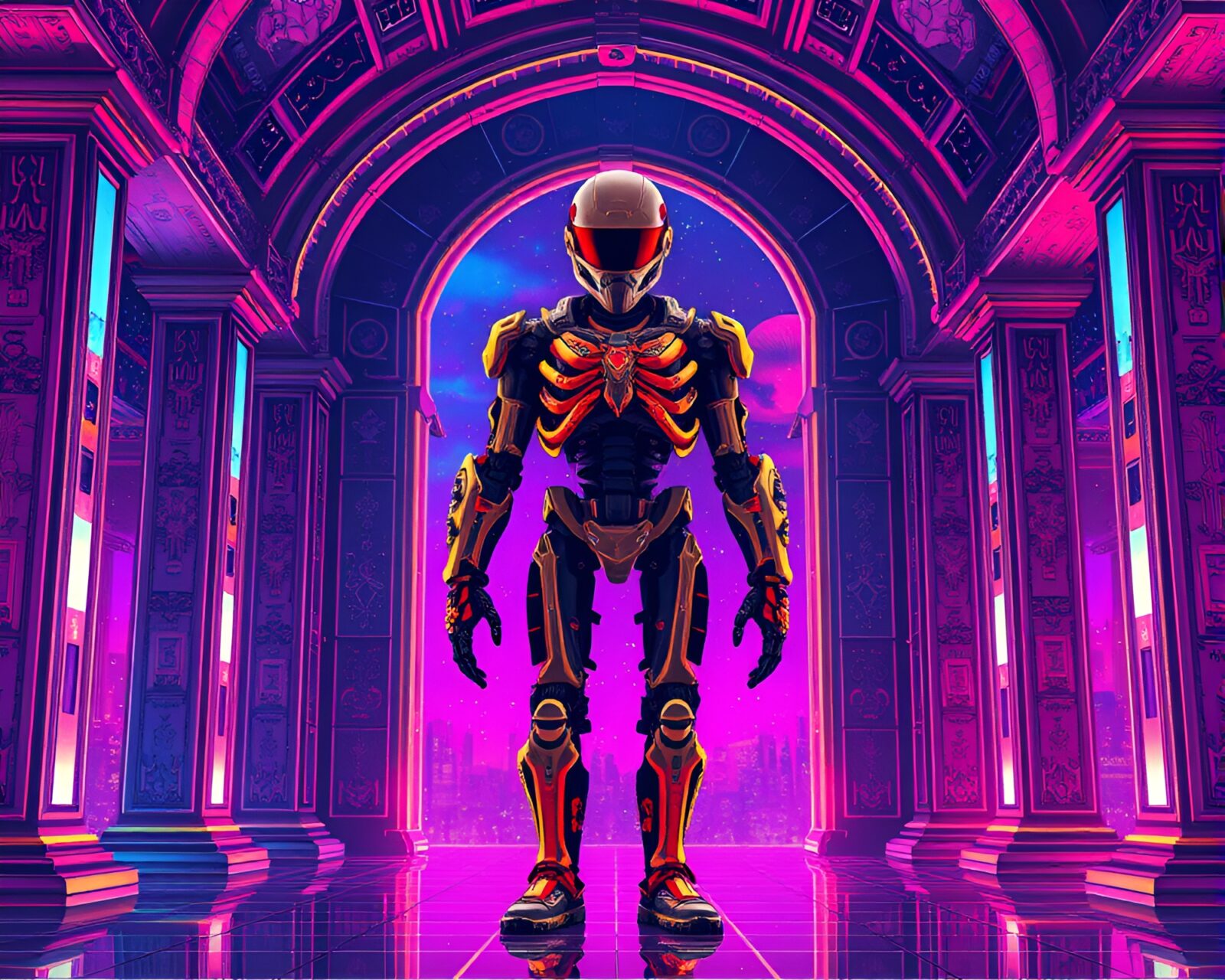 Vibrant aurora hues illuminate a pixelated exoskeleton in architectural frame