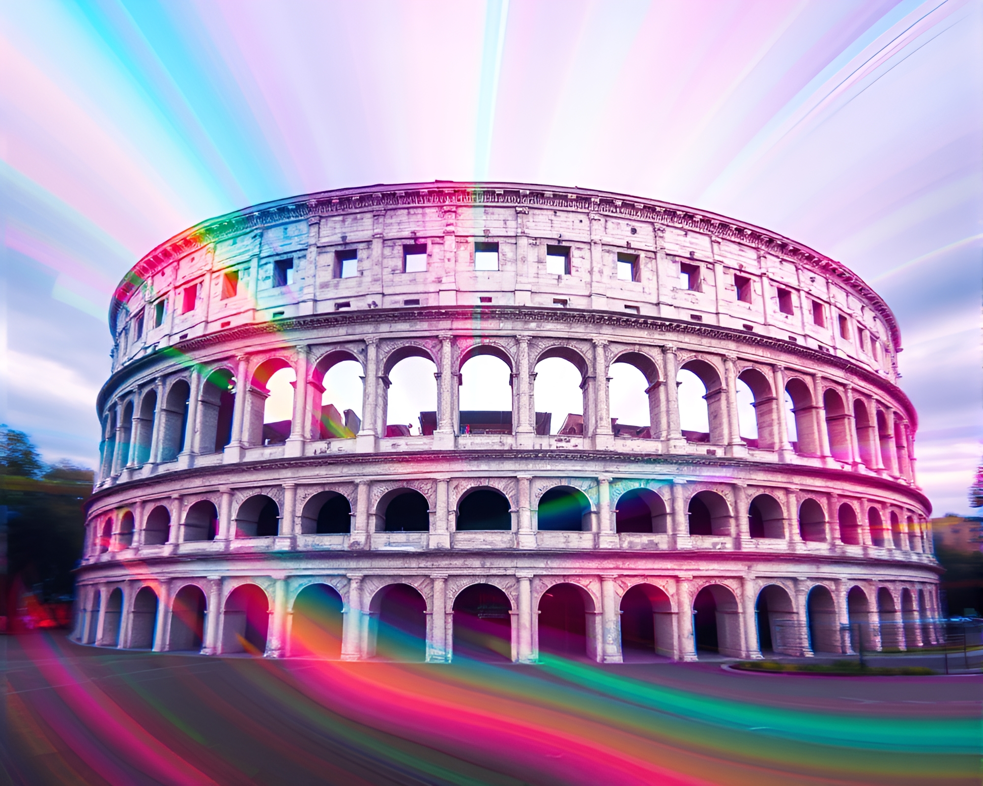 Surreal Rainbow Spectrum Coliseum with Lens Swirl – free AI stock image