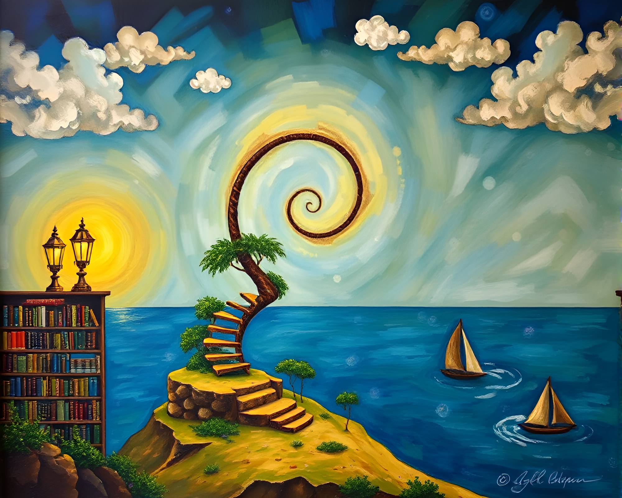 Enchanting Island Library Illuminated by Spiral Lamp Light – free AI stock image