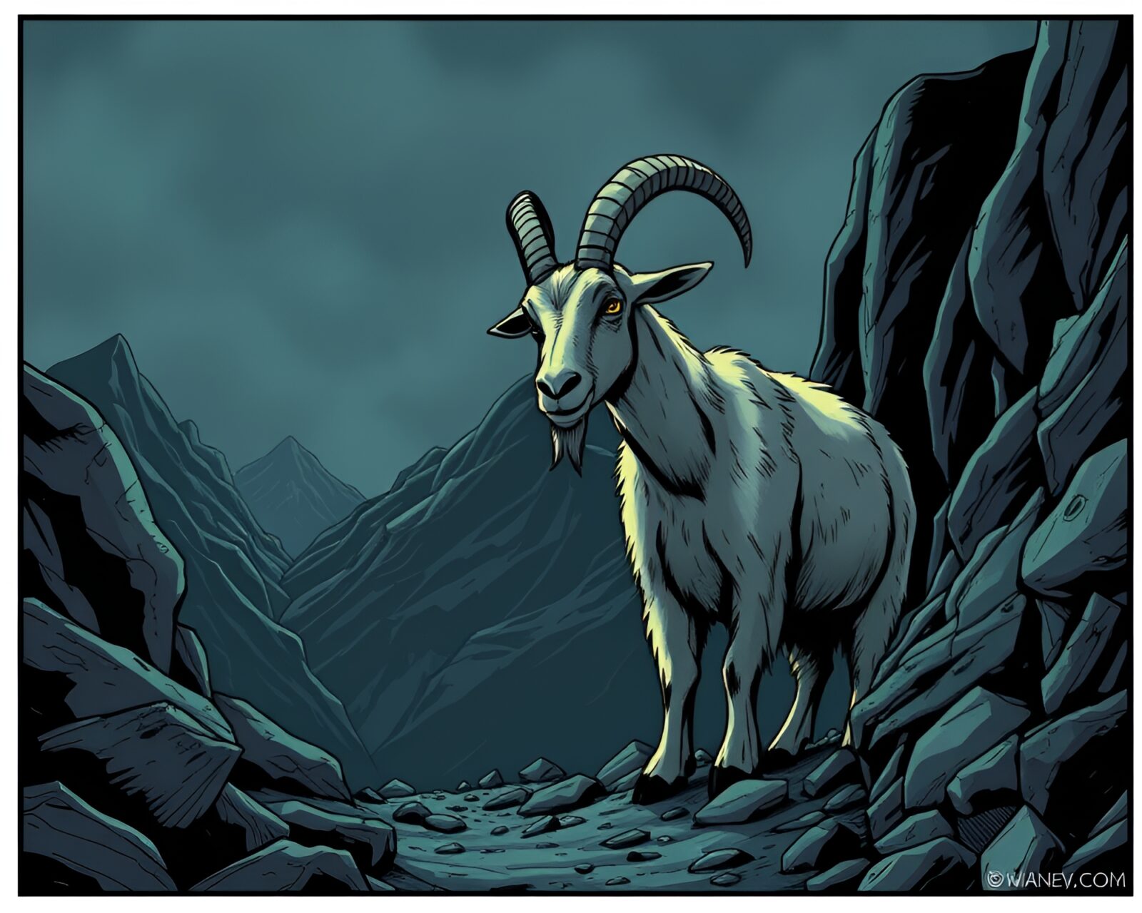 Mountain goat in basement gloom with comic book style