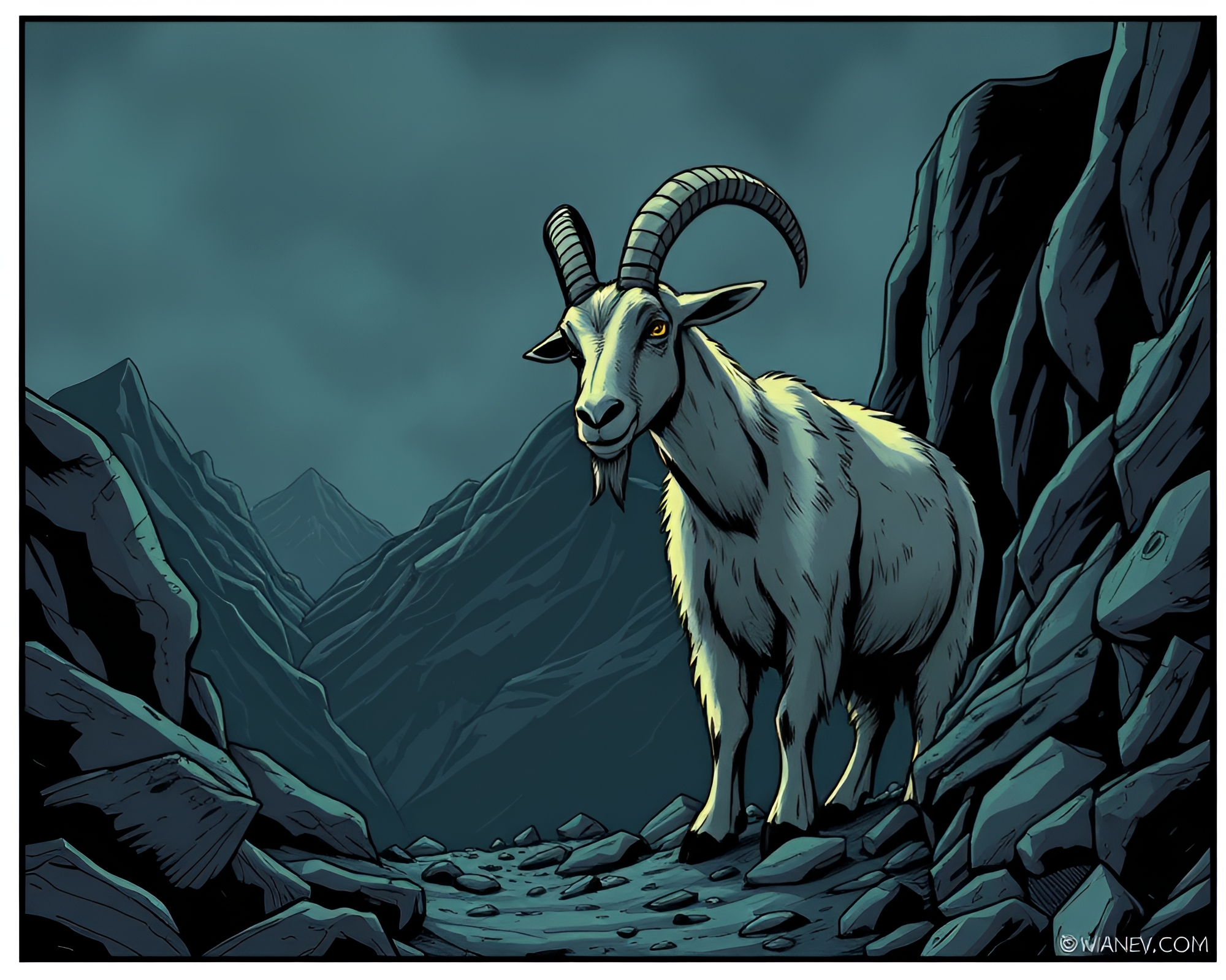 Gloomy Mountain Goat in Comic Book Shadow – free AI stock image