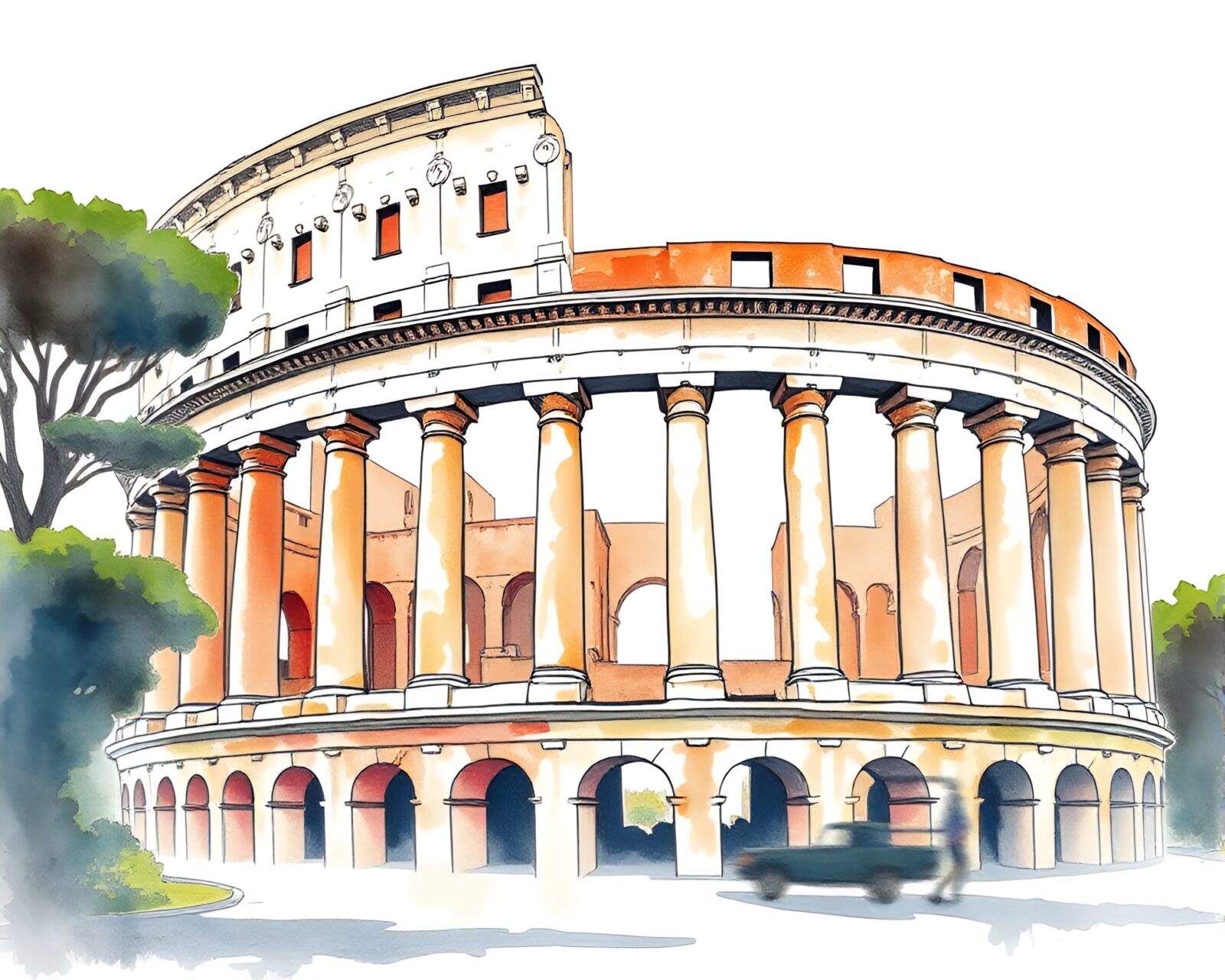 A modern minimalist painting of the Roman Coliseum in watercolor