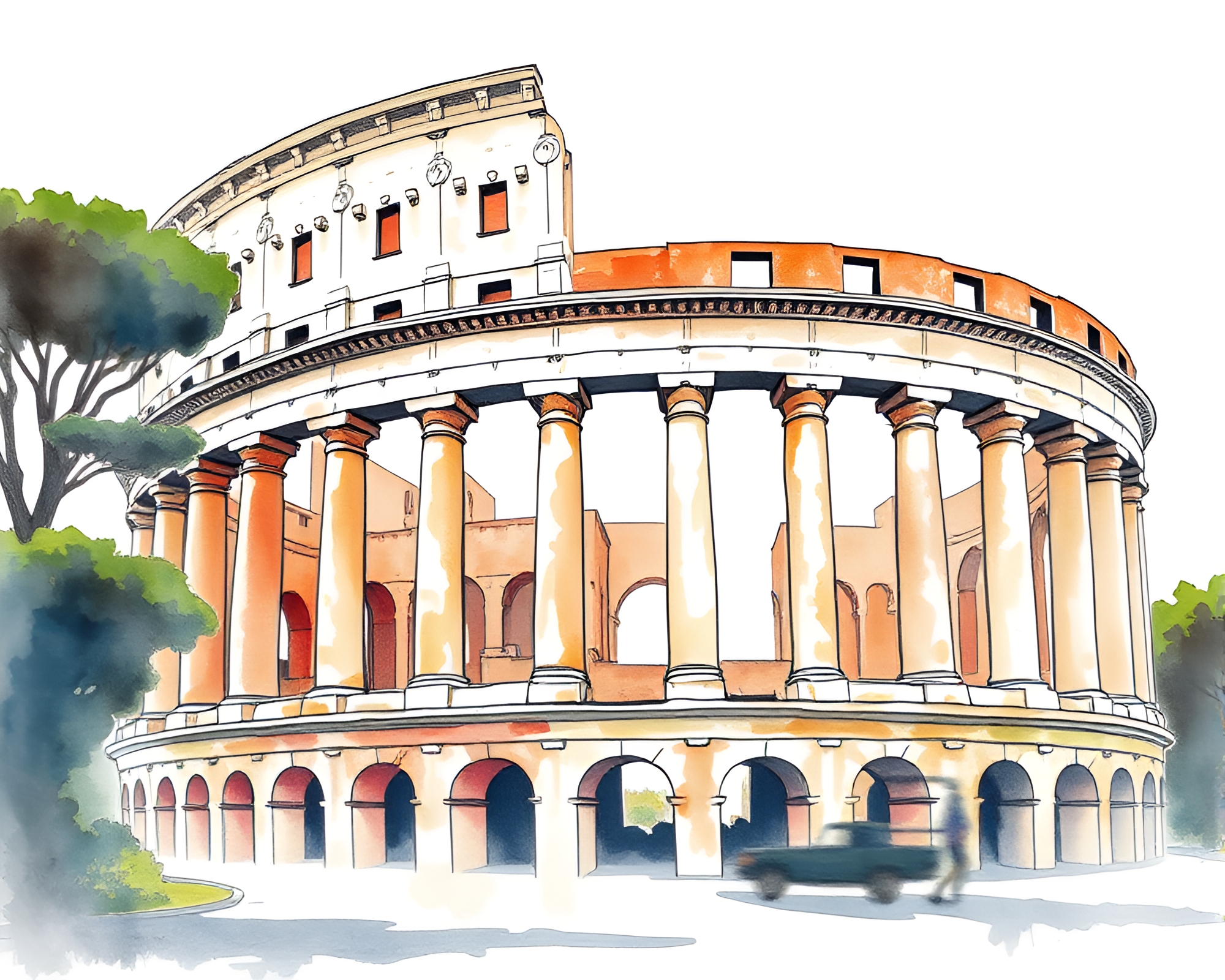 Minimalist Roman Coliseum Street Art in Watercolor Wash – free AI stock image