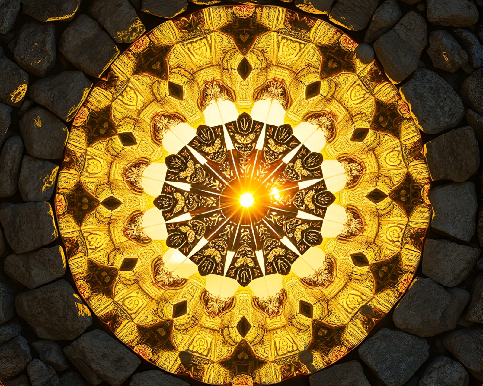 Abstract stone circle with kaleidoscope fragments under morning sunlight