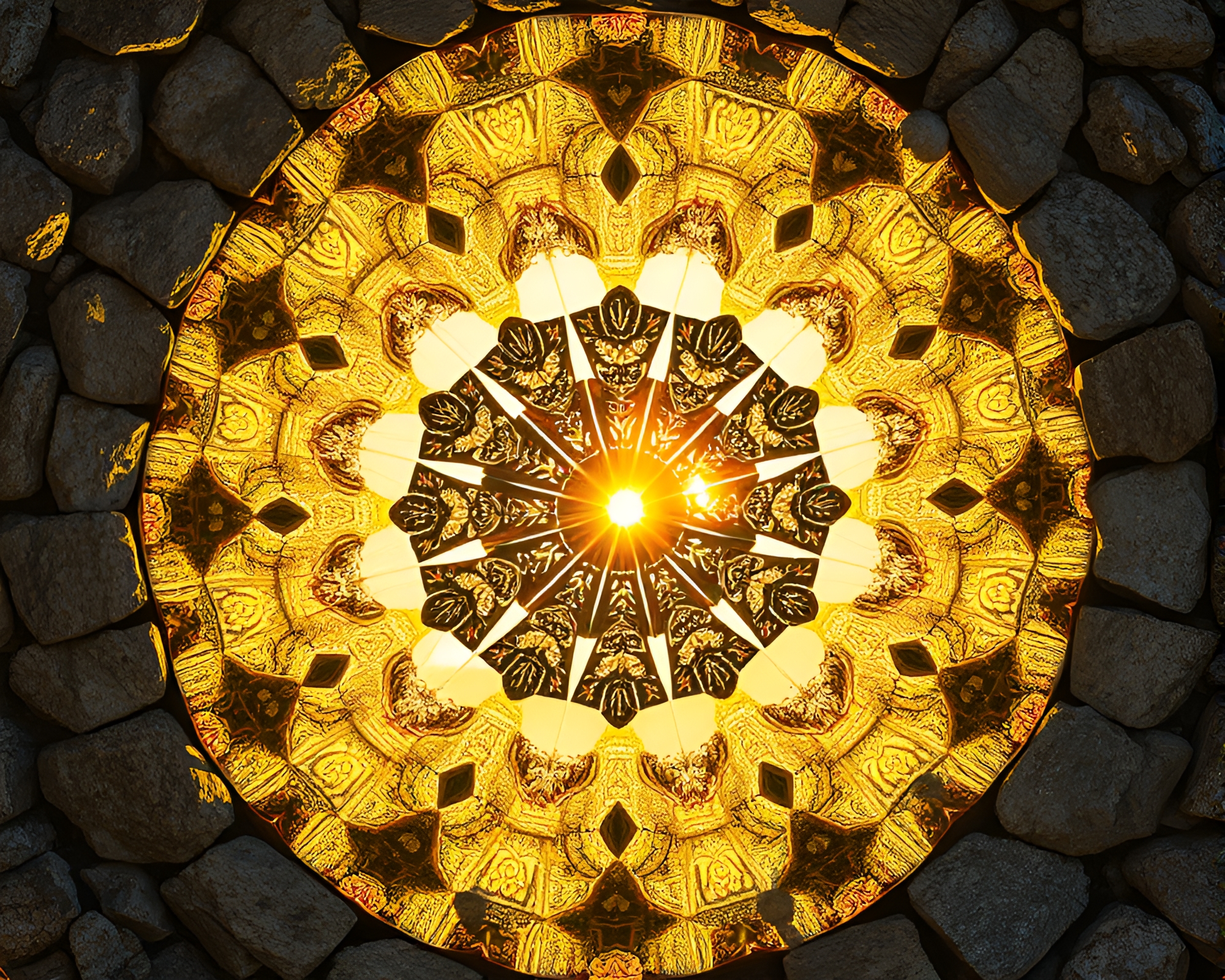 Golden Morning Light Stone Circle Kaleidoscope – free AI stock image