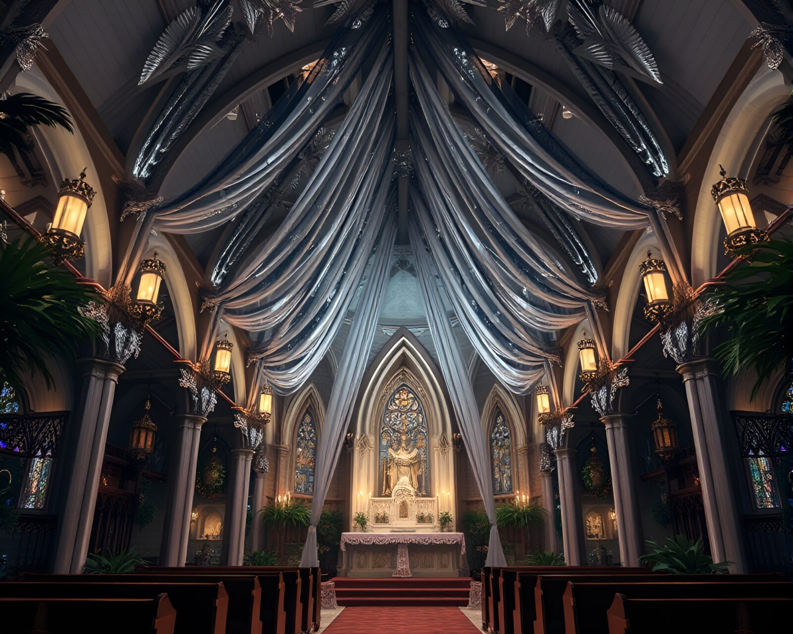 16-bit style rainforest scene illuminated by church candlelight