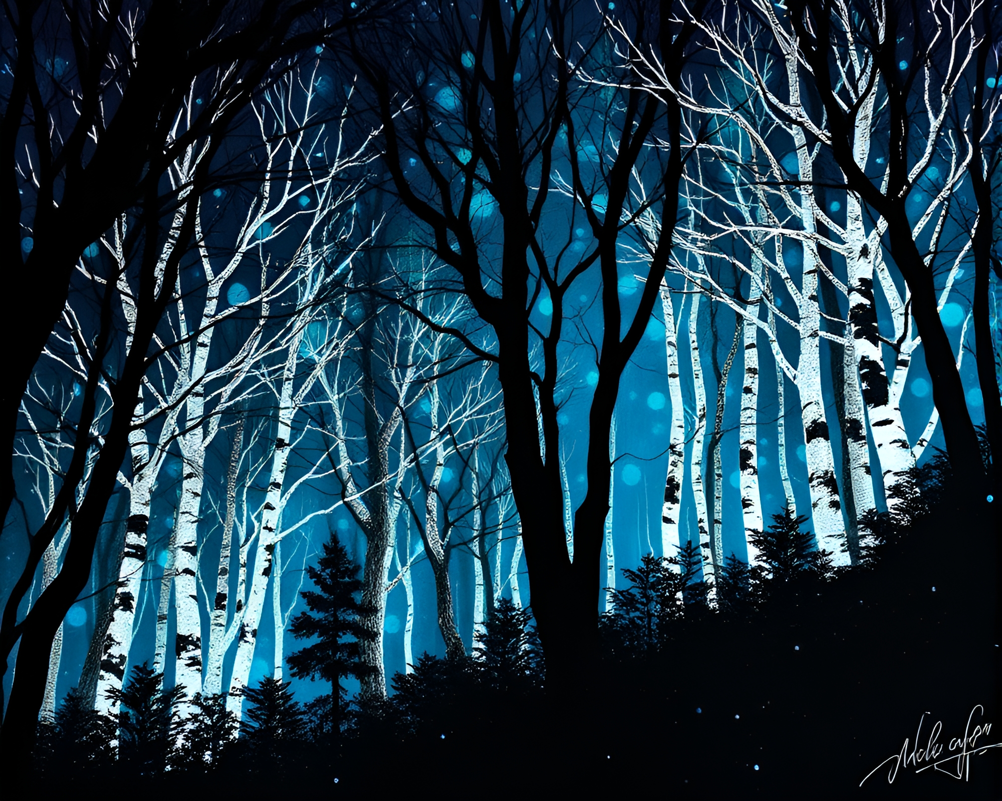 Bioluminescent Forest with Silver Leaf Accents – free AI stock image