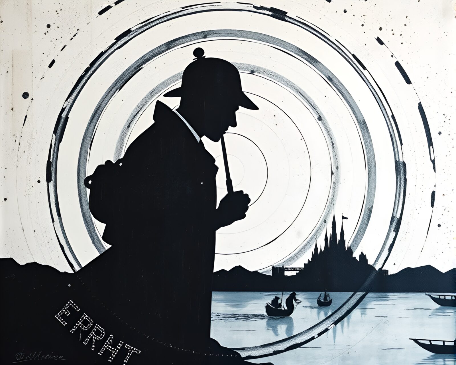 Whiteout scene with concentric circles and Sherlock Holmes shadow