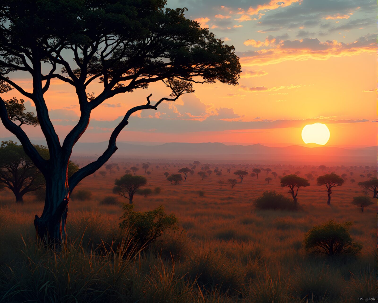 Pixel art savanna sunset with copper verdigris hues
