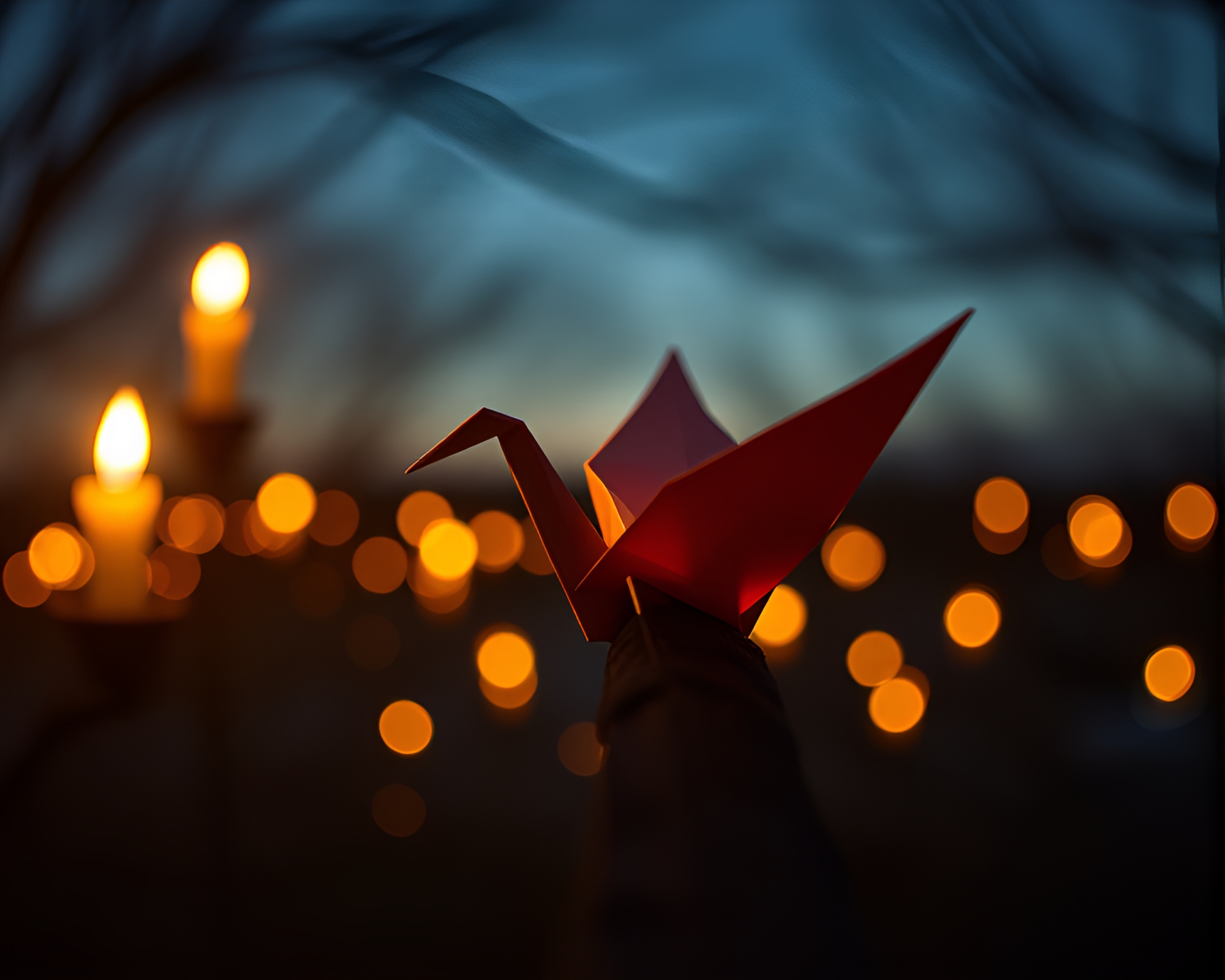 Elegant Candlelit Origami Crane in Copper Tones – free AI stock image