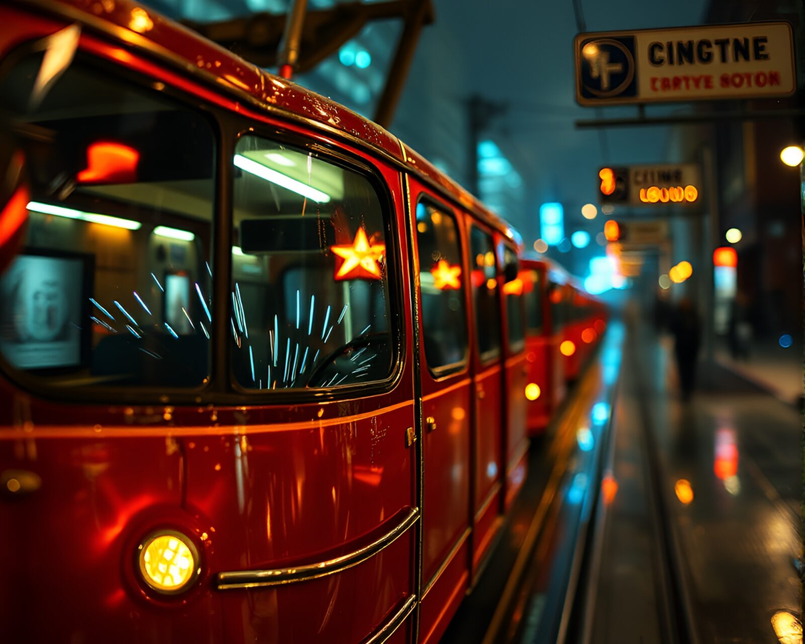 Fantastical holographic cable car in oil-rich textured reflections