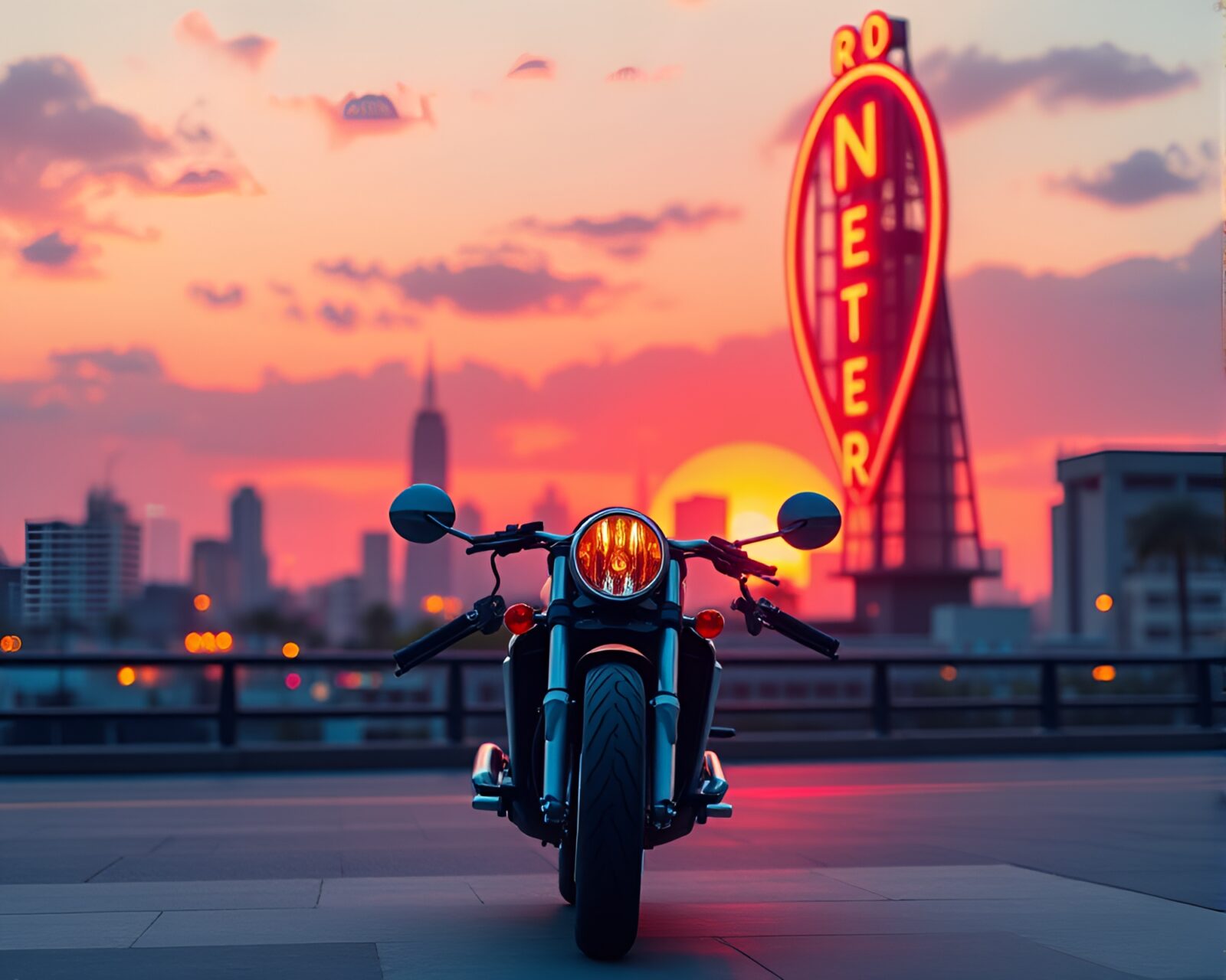 Vibrant neon motorcycle against city skyline at twilight