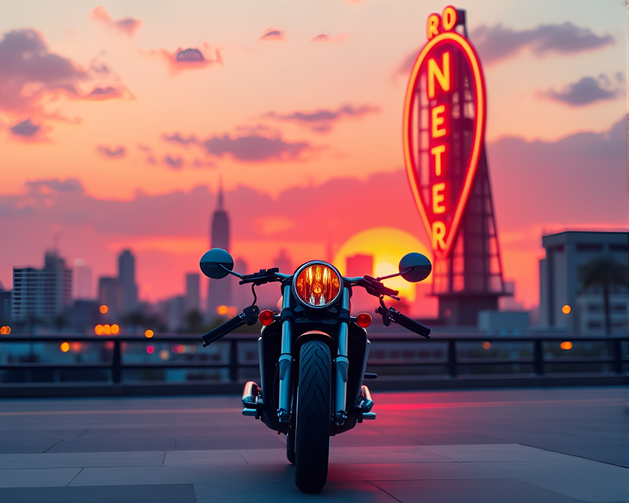 Neon Motorcycle Racing through Architectural Sunset Skyline – free AI stock image