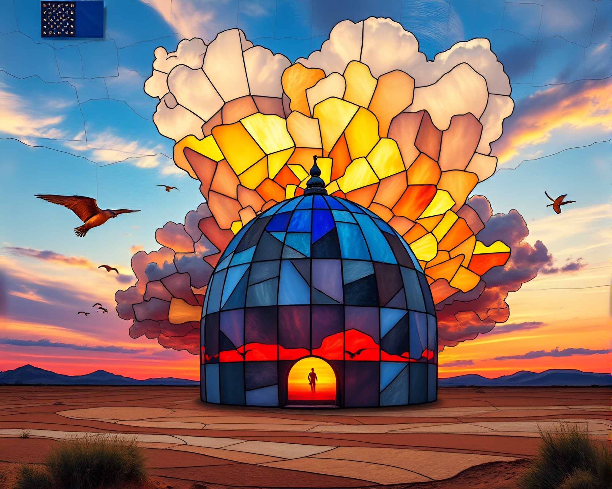 Sandswept Stained Glass Explosion at Desert Sunset – free AI stock image