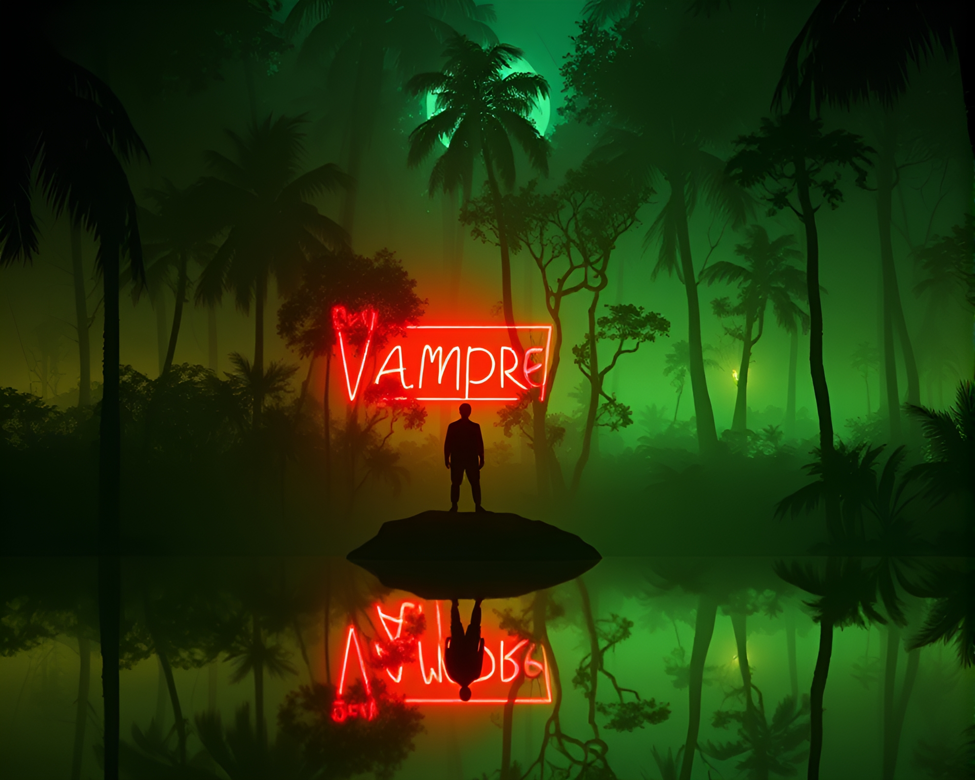 Neon Vampire Silhouette Reflecting in Rainforest Green Haze – free AI stock image
