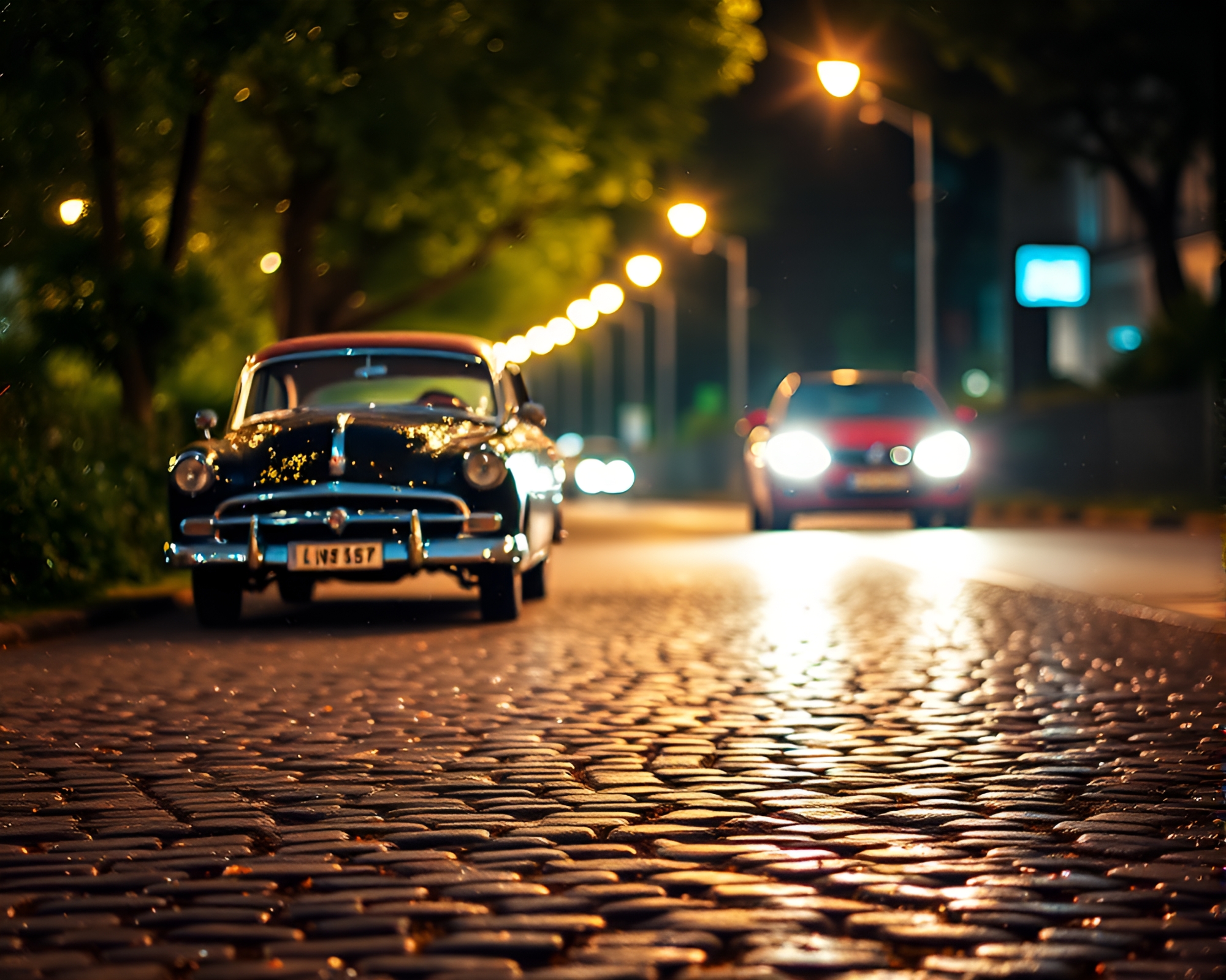 Vintage car on cobblestone path with glitter dust – free AI stock image