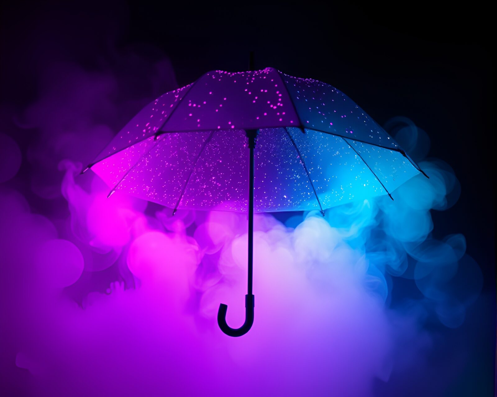 Vibrant ultraviolet scene with fairy light sparkle and neon-lit umbrella
