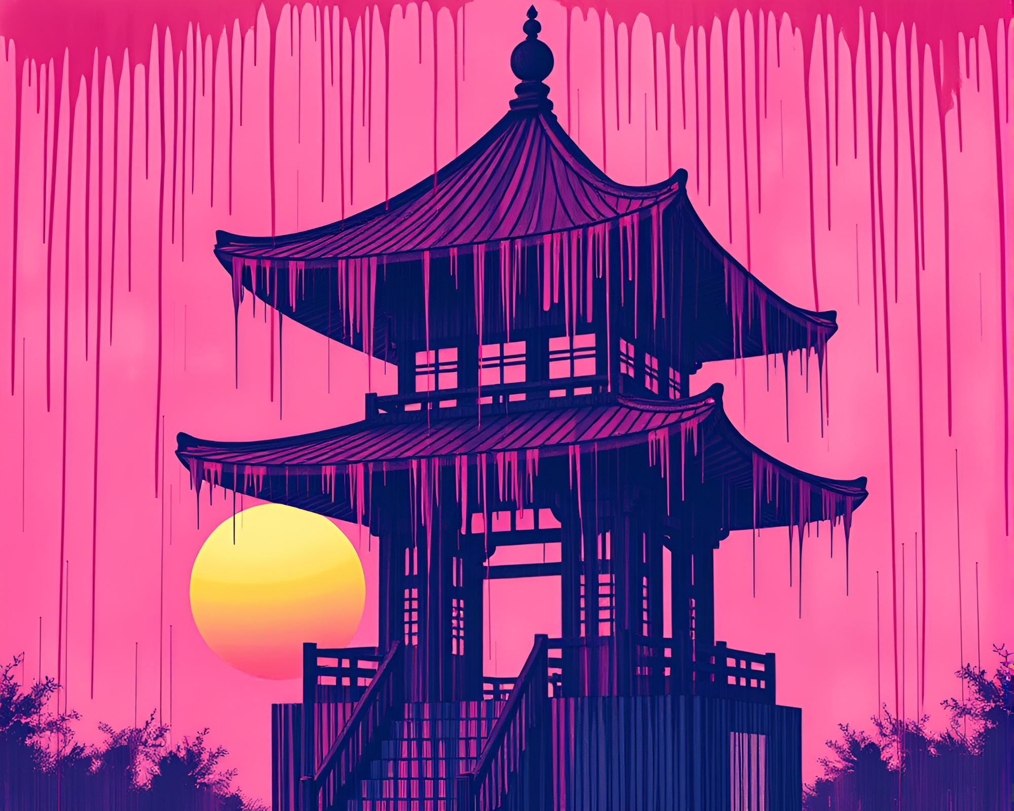 Sunrise Pagoda in Origami Style with Spray Paint Drips – free AI stock image
