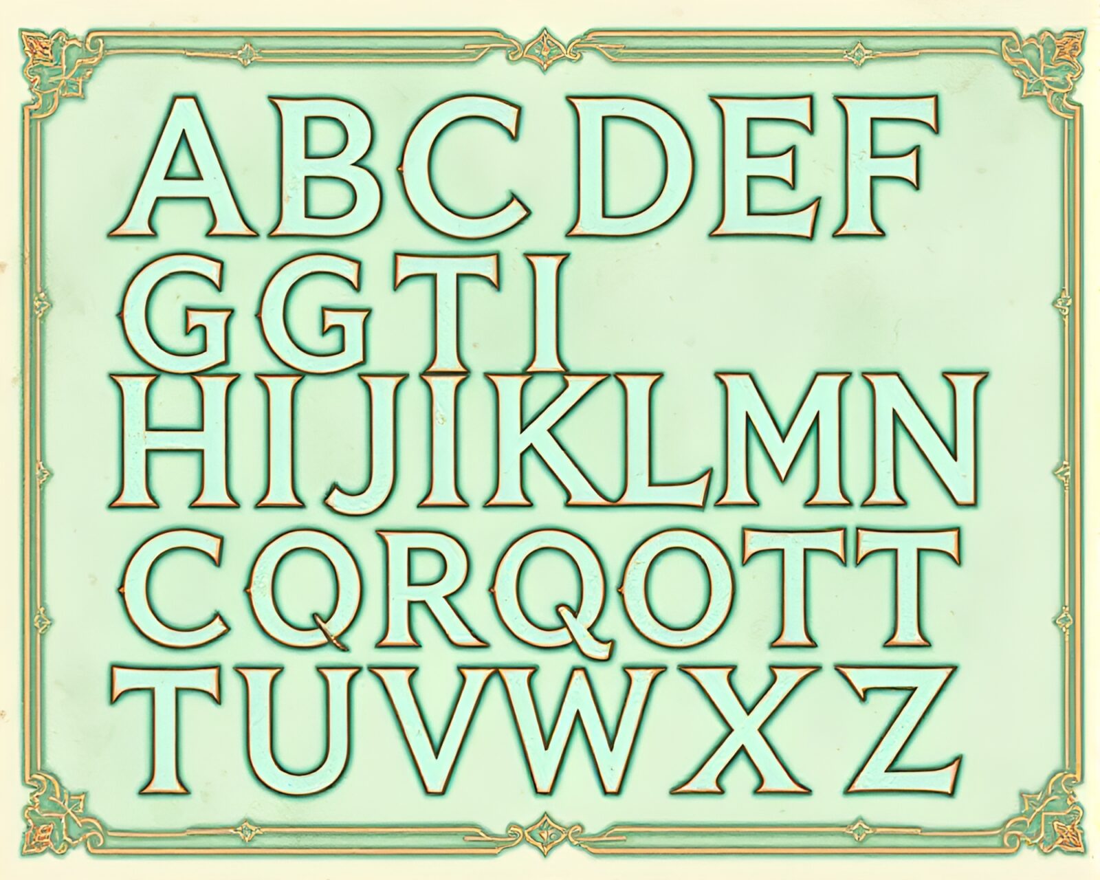 Mint green pastel drawing of runic alphabet with copper details