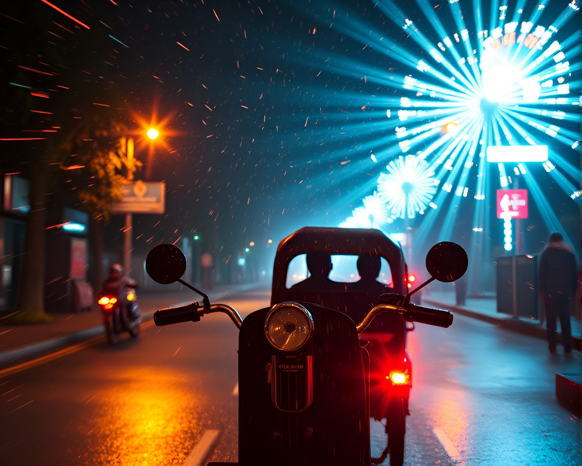 Retrowave Rickshaw Ride in Glitter Dust Glow – free AI stock image