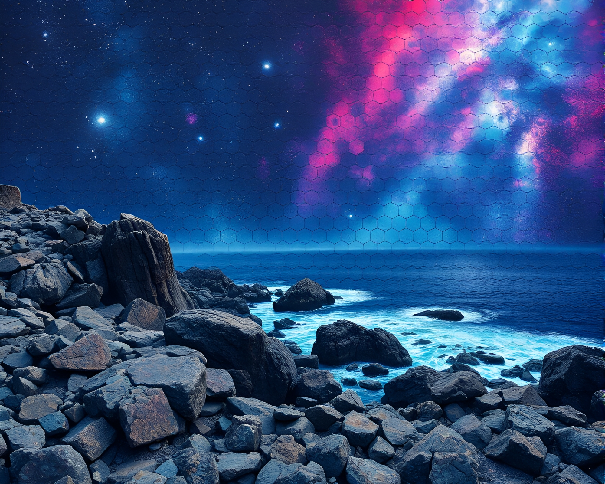 Galaxy-Inspired Maximalist Hexagonal Coastline Composition – free AI stock image