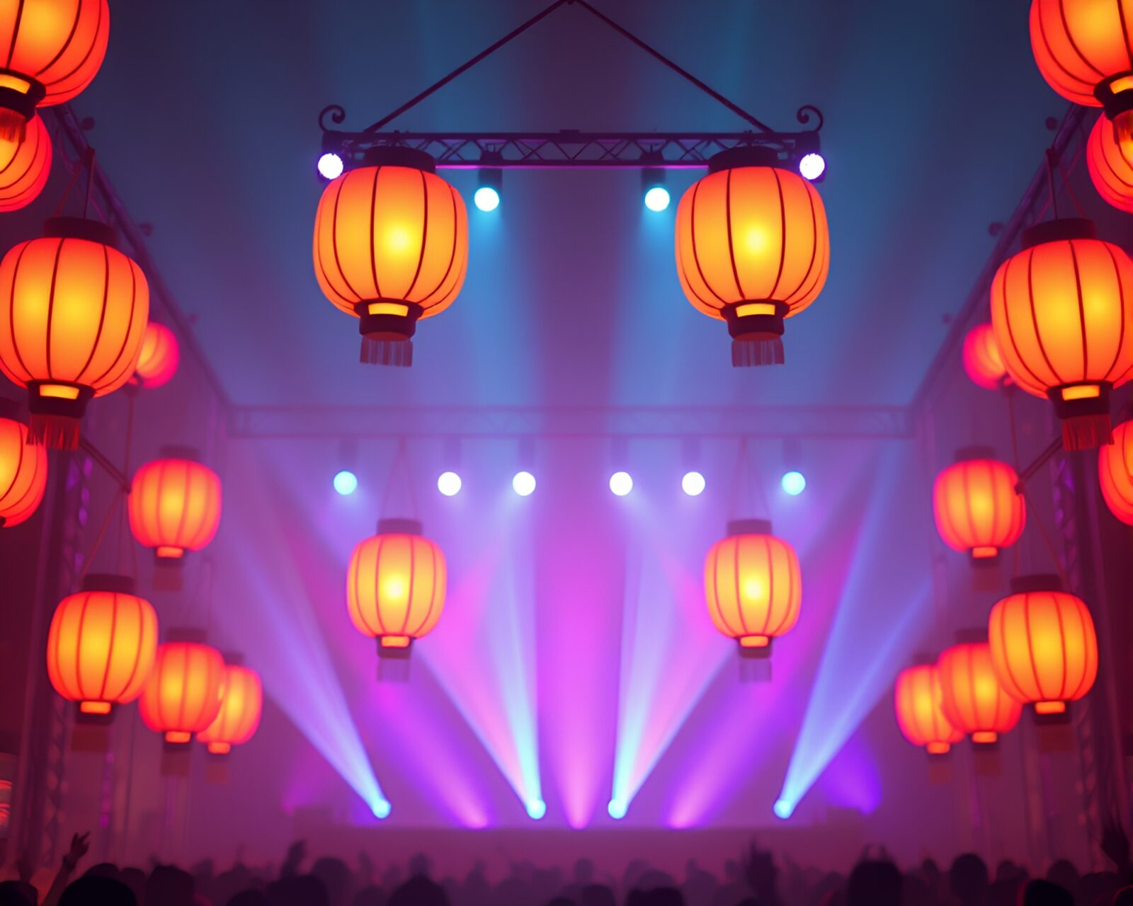Vibrant hatching compositions on a stage with lanterns