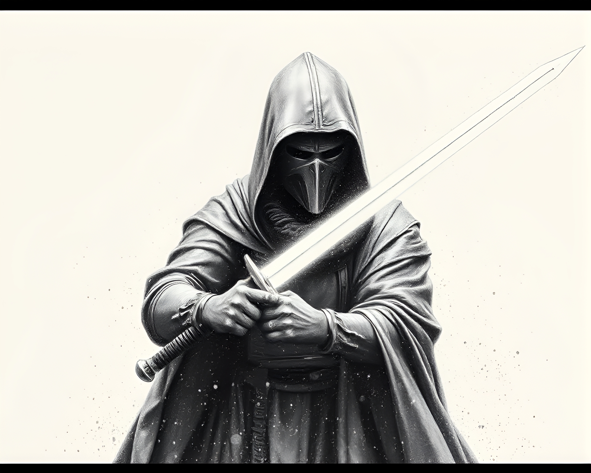 Futuristic Stippled Laser Sword Battle in Ivory Grisaille – free AI stock image