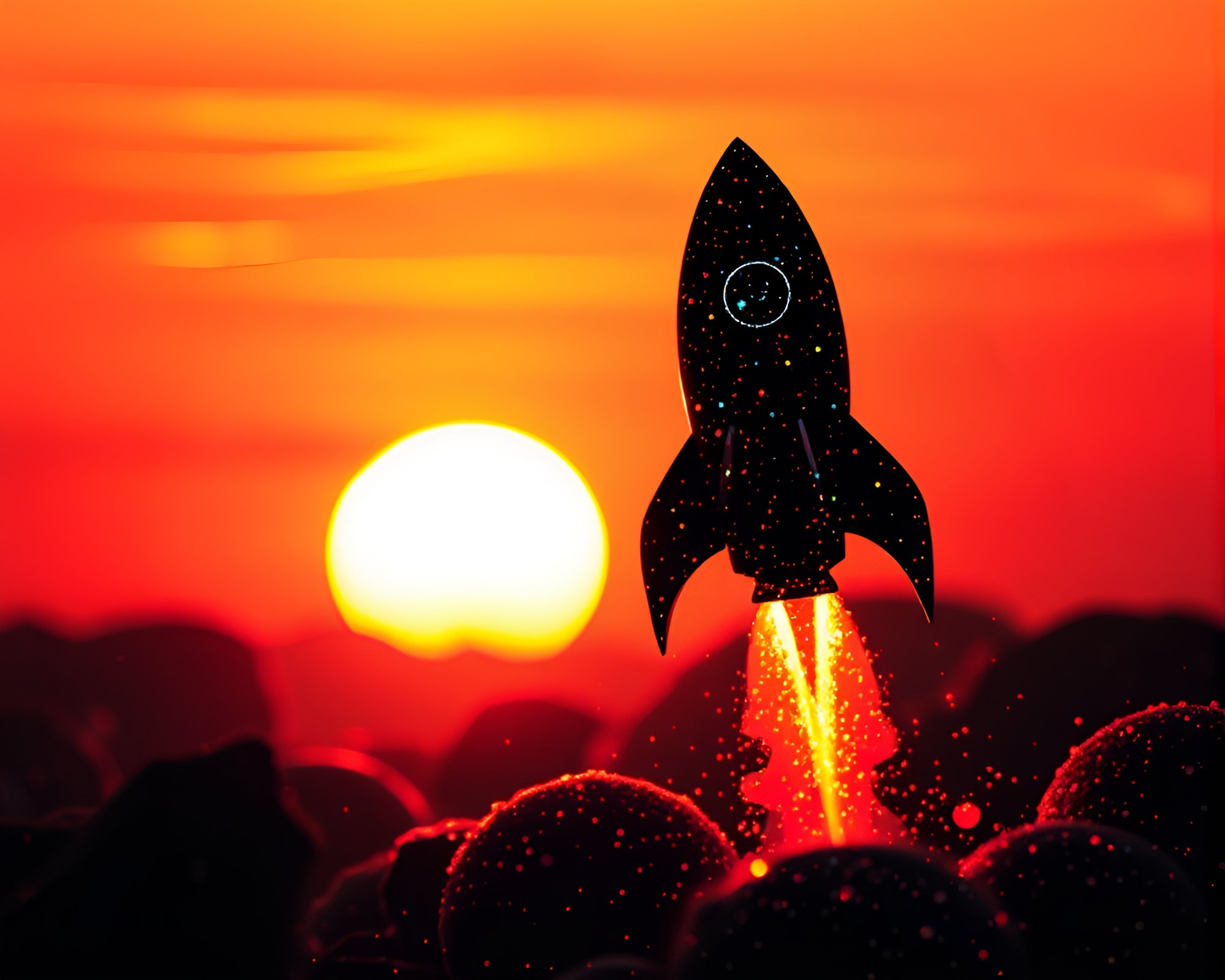 Rocket projection in mesmerizing hologram specks at sunset – free AI stock image