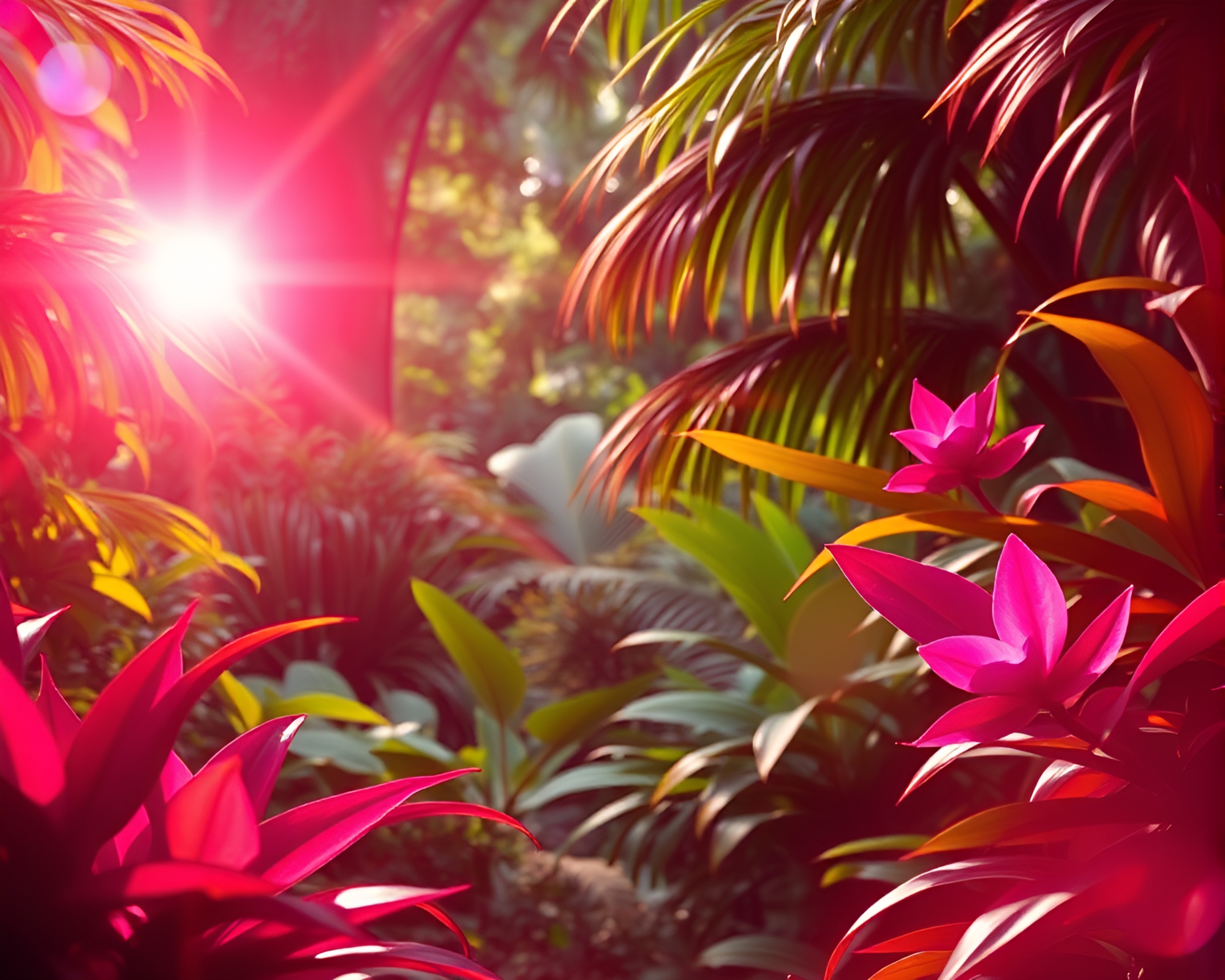 Magenta Jungle Vignette with Lens Flare Border – free AI stock image
